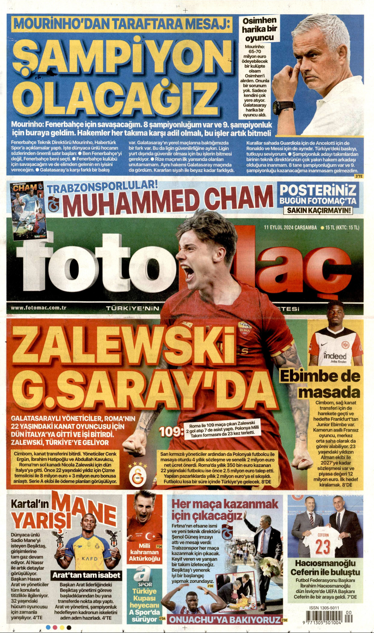 FOTOMAÇ gazetesinin 11 Eylül 2024 tarihli birinci sayfası