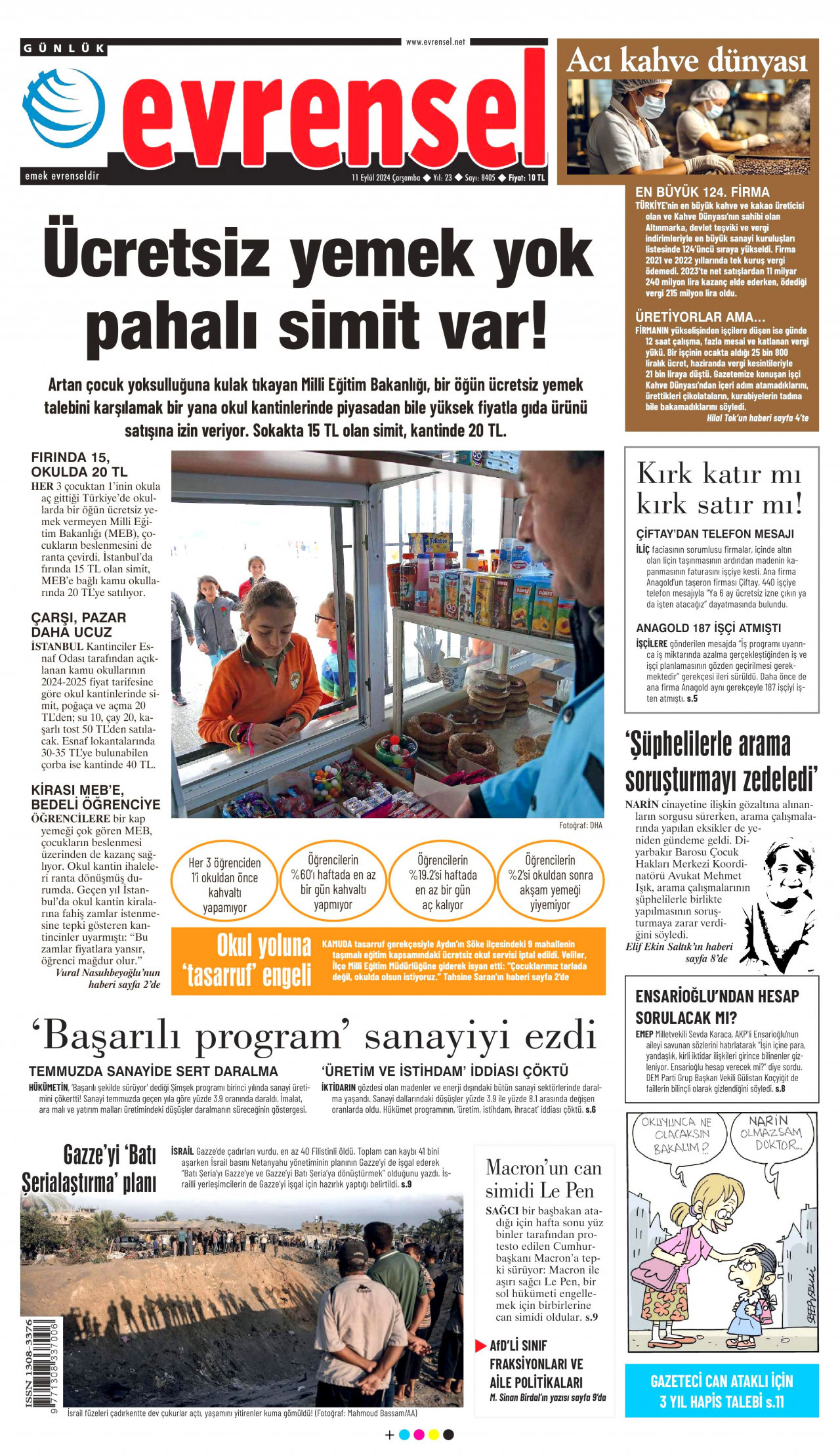 EVRENSEL gazetesinin 11 Eylül 2024 tarihli birinci sayfası