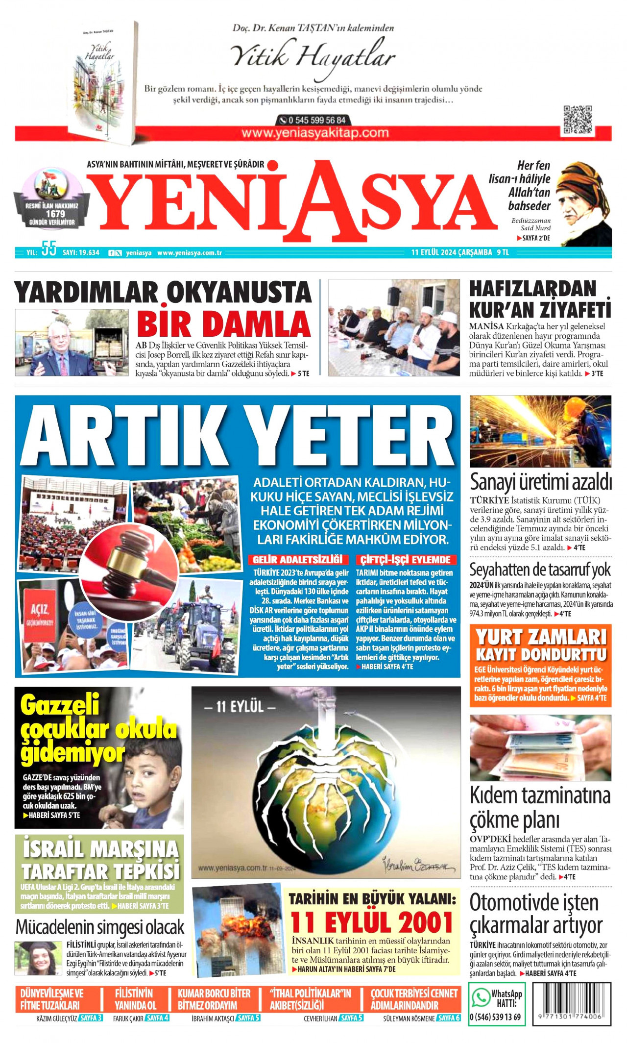 YENİ ASYA gazetesinin 11 Eylül 2024 tarihli birinci sayfası