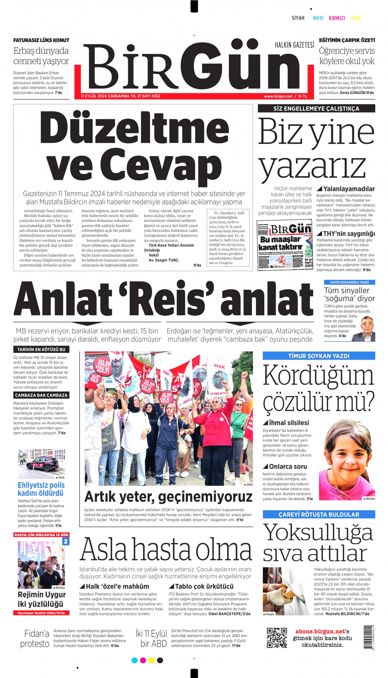 BİRGÜN gazetesinin 11 Eylül 2024 tarihli birinci sayfası