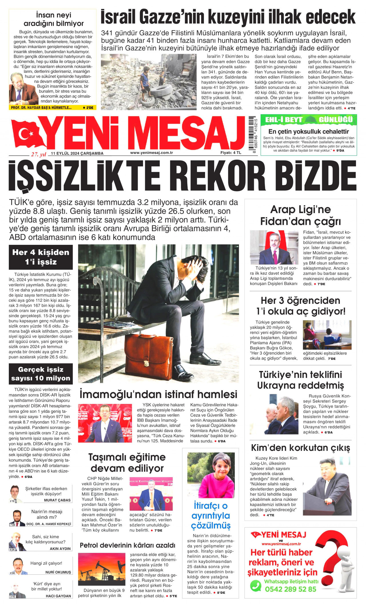 YENİ MESAJ gazetesinin 11 Eylül 2024 tarihli birinci sayfası