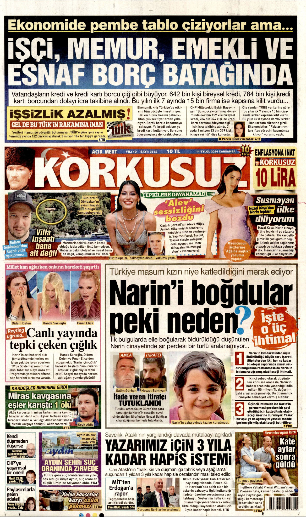KORKUSUZ gazetesinin 11 Eylül 2024 tarihli birinci sayfası