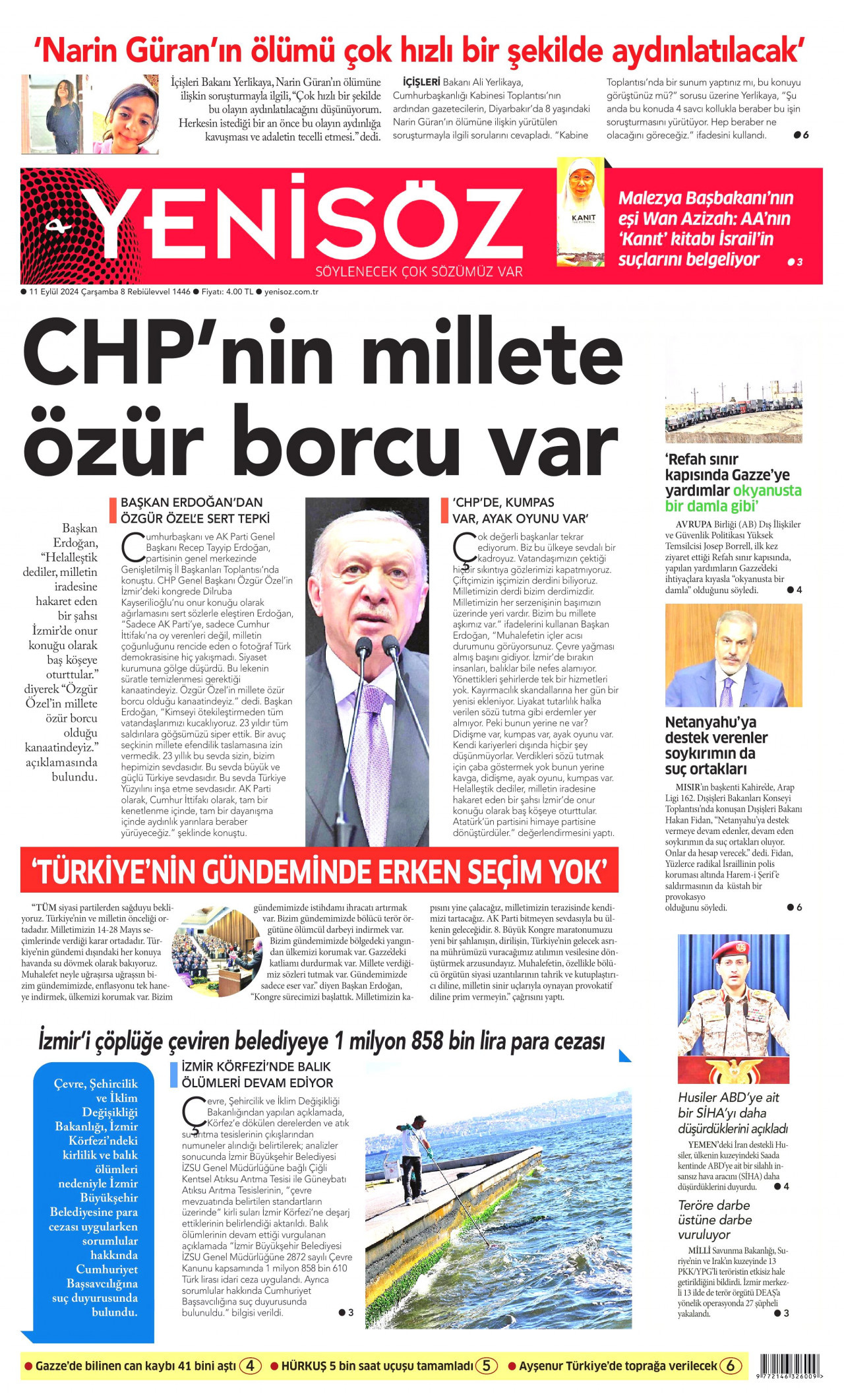 YENİ SÖZ GAZETESİ gazetesinin 11 Eylül 2024 tarihli birinci sayfası