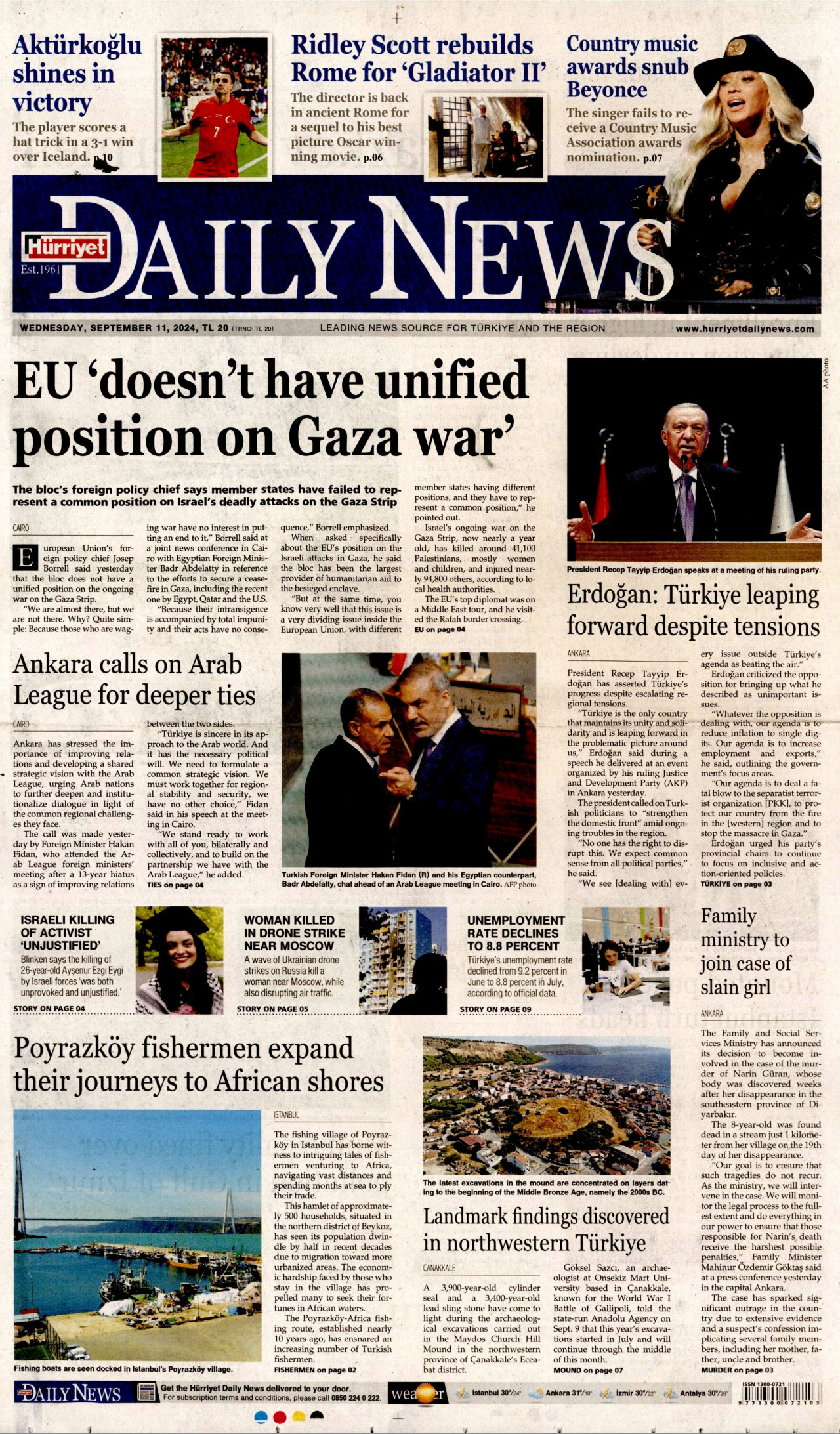 HÜRRİYET DAİLY NEWS gazetesinin 11 Eylül 2024 tarihli birinci sayfası