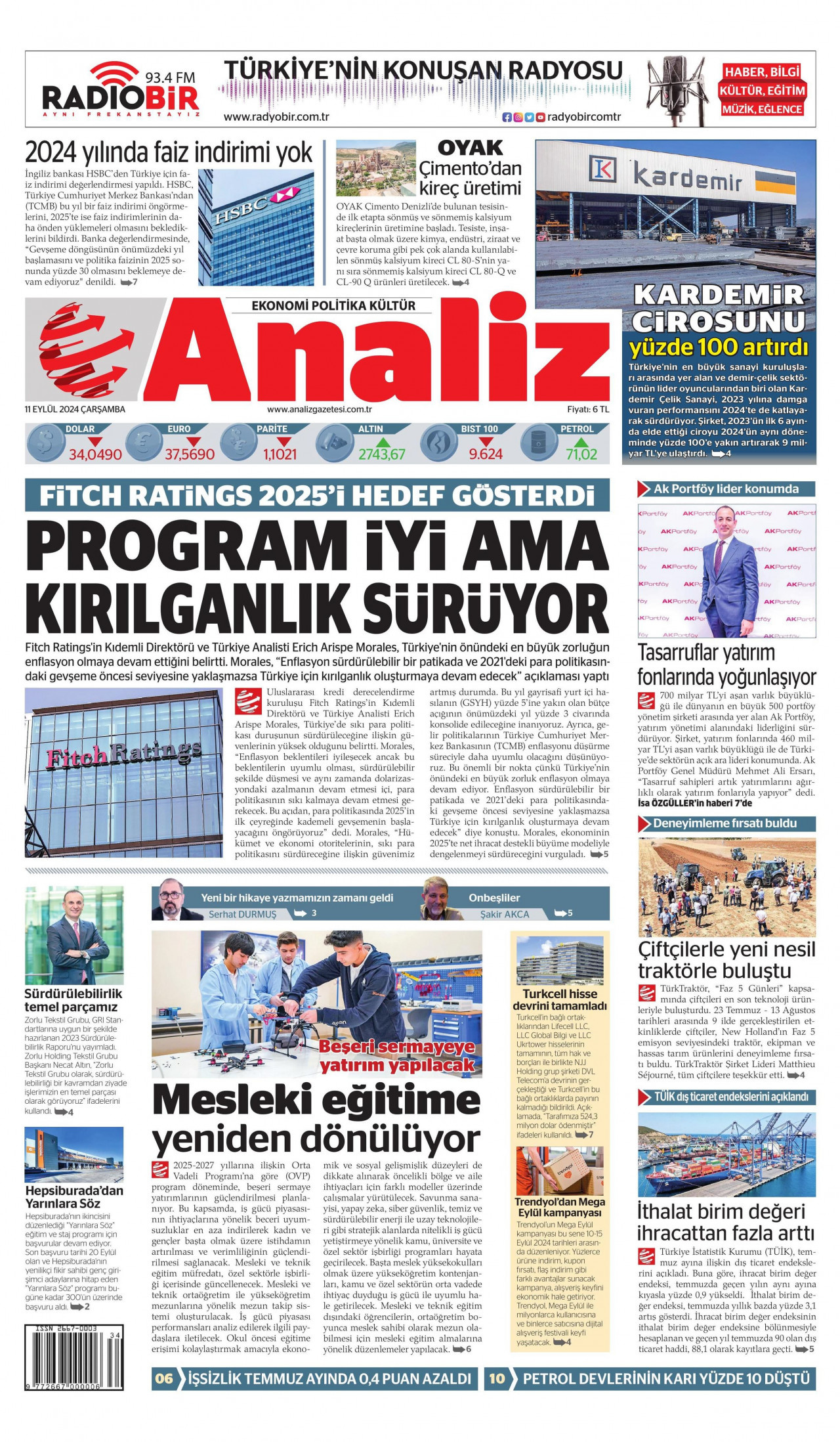ANALİZ gazetesinin 11 Eylül 2024 tarihli birinci sayfası
