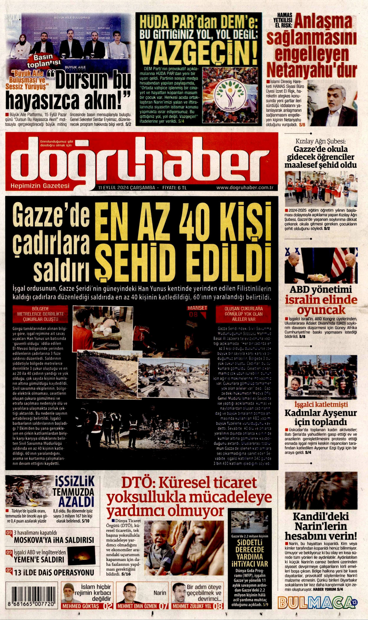 DOĞRU HABER gazetesinin 11 Eylül 2024 tarihli birinci sayfası