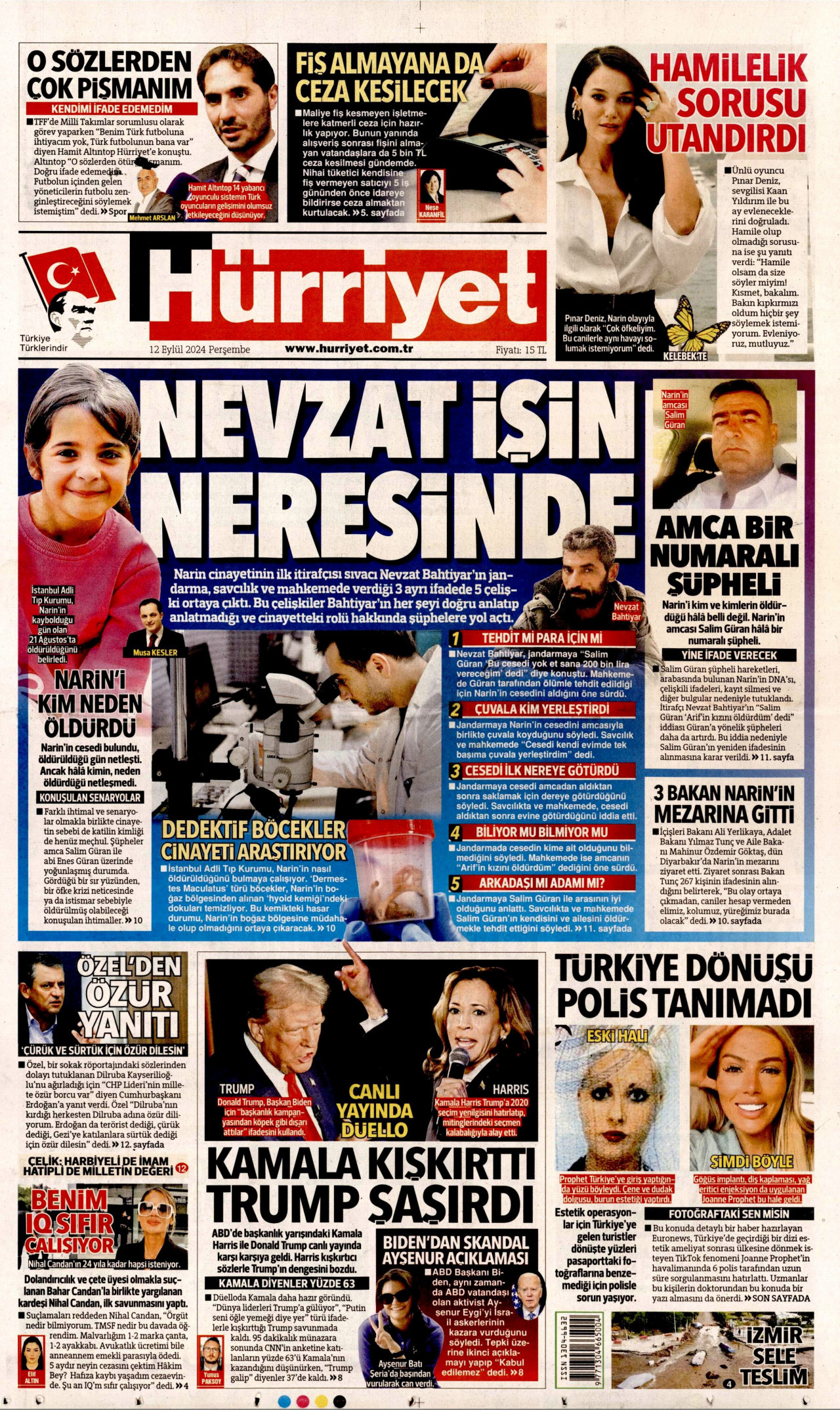 HÜRRİYET gazetesinin 12 Eylül 2024 tarihli birinci sayfası