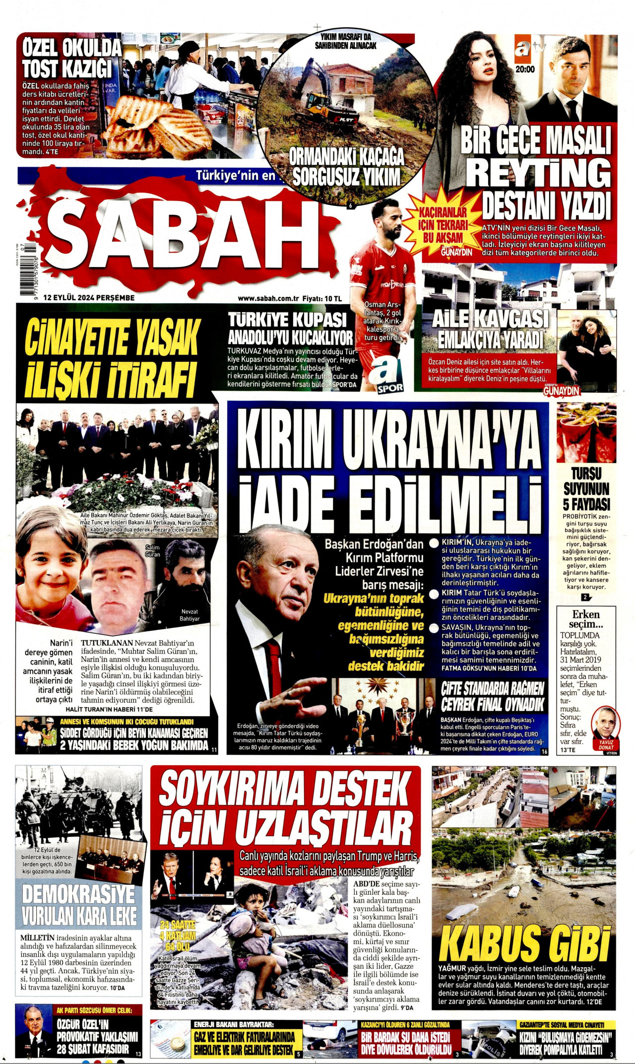 SABAH gazetesinin 12 Eylül 2024 tarihli birinci sayfası