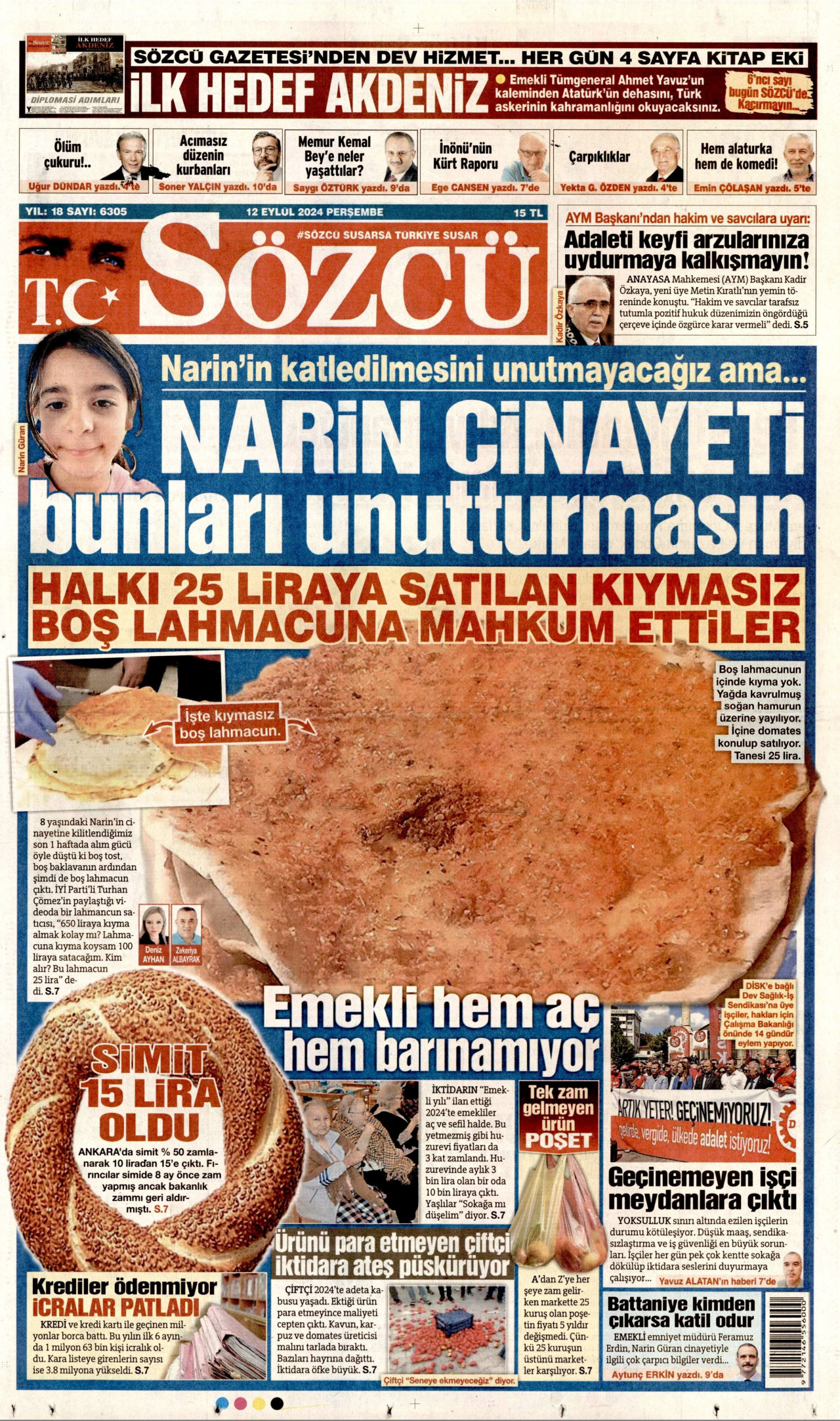 SÖZCÜ gazetesinin 12 Eylül 2024 tarihli birinci sayfası