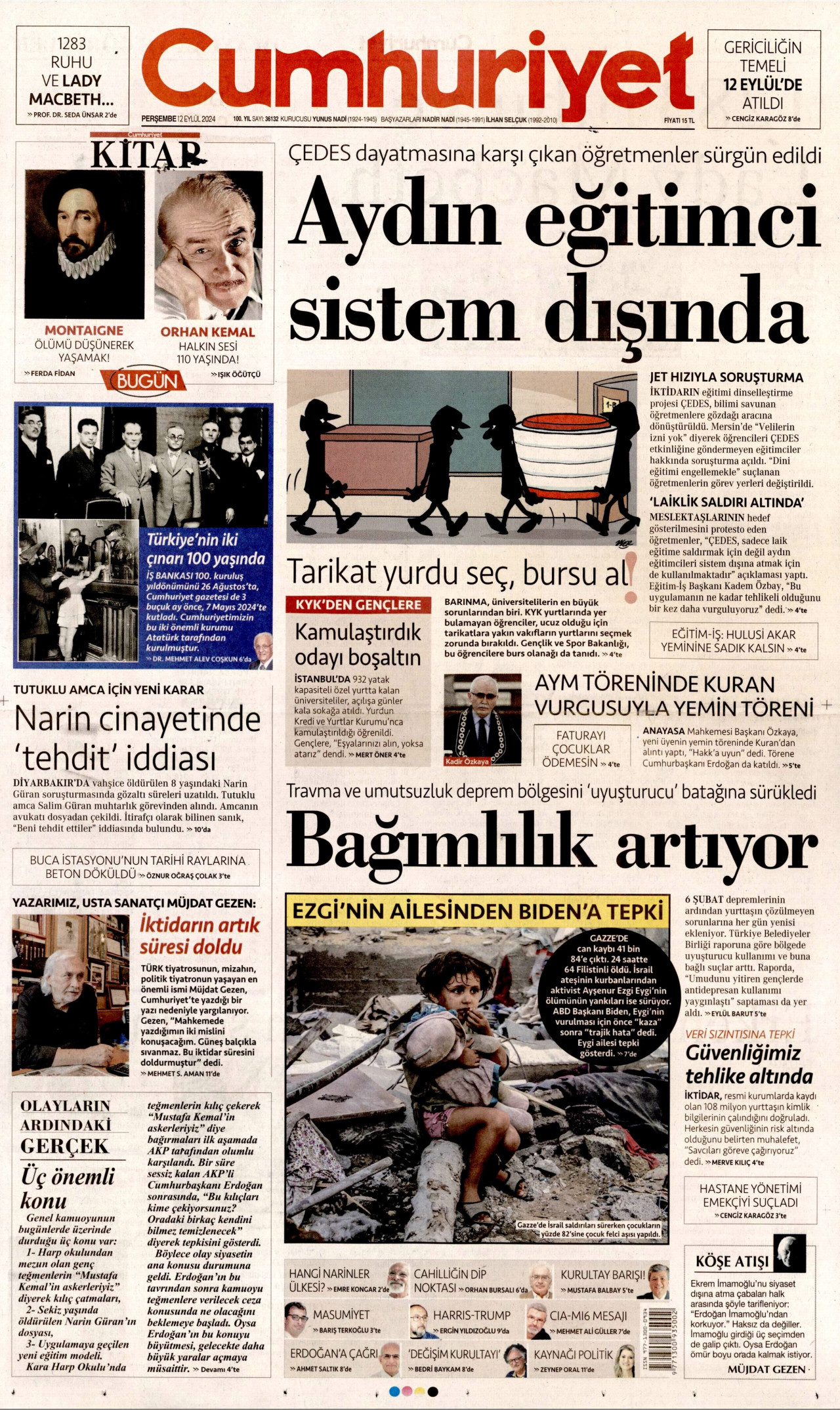 CUMHURİYET gazetesinin 12 Eylül 2024 tarihli birinci sayfası