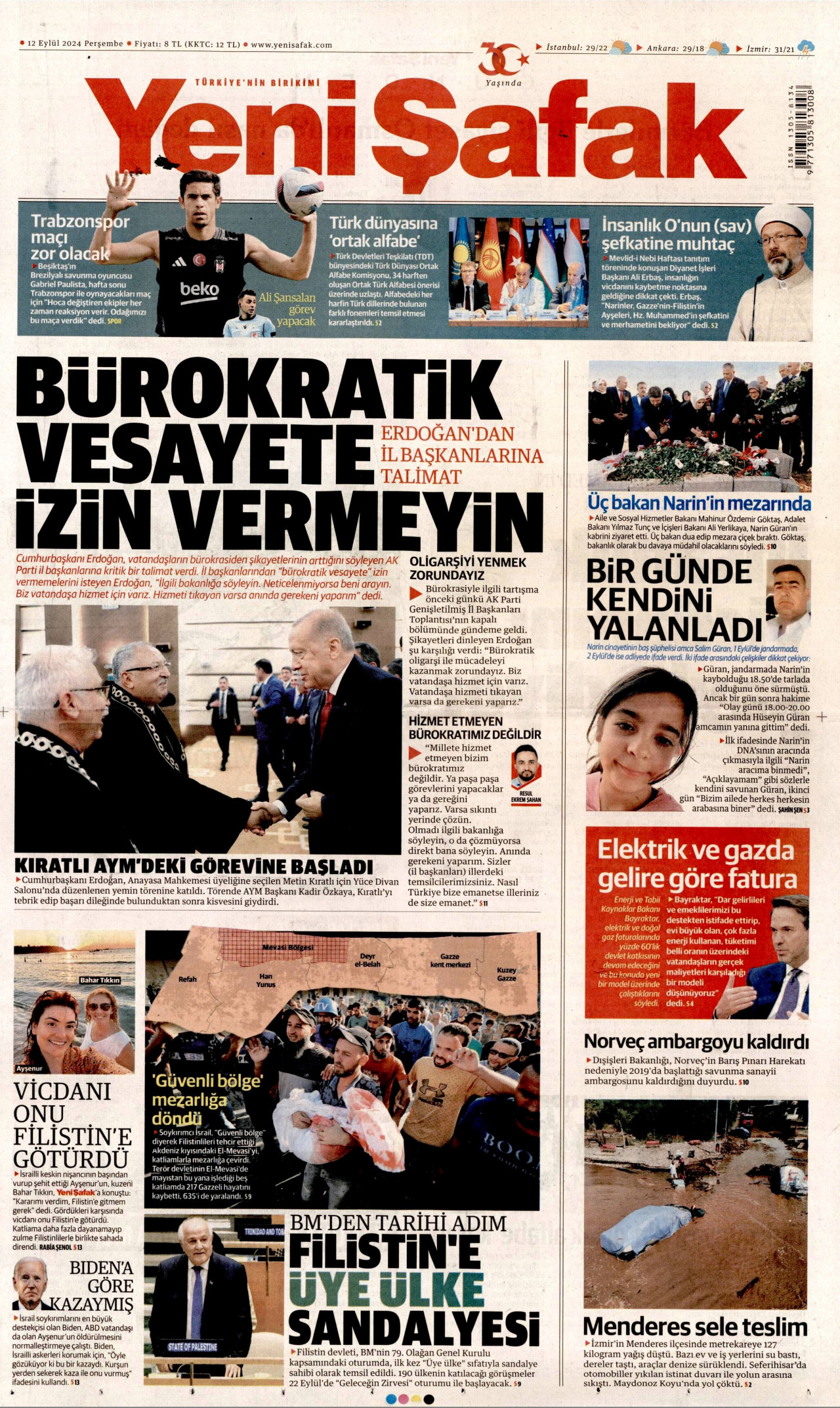YENİ ŞAFAK gazetesinin 12 Eylül 2024 tarihli birinci sayfası