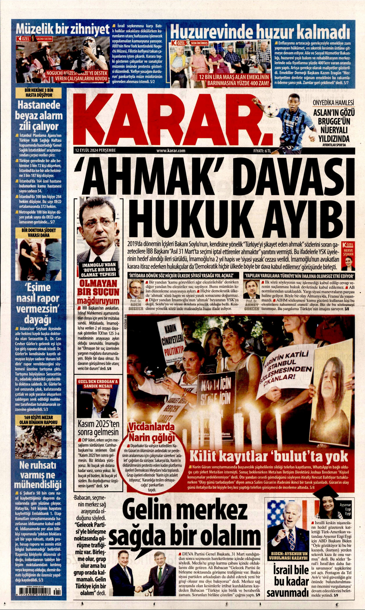 KARAR gazetesinin 12 Eylül 2024 tarihli birinci sayfası
