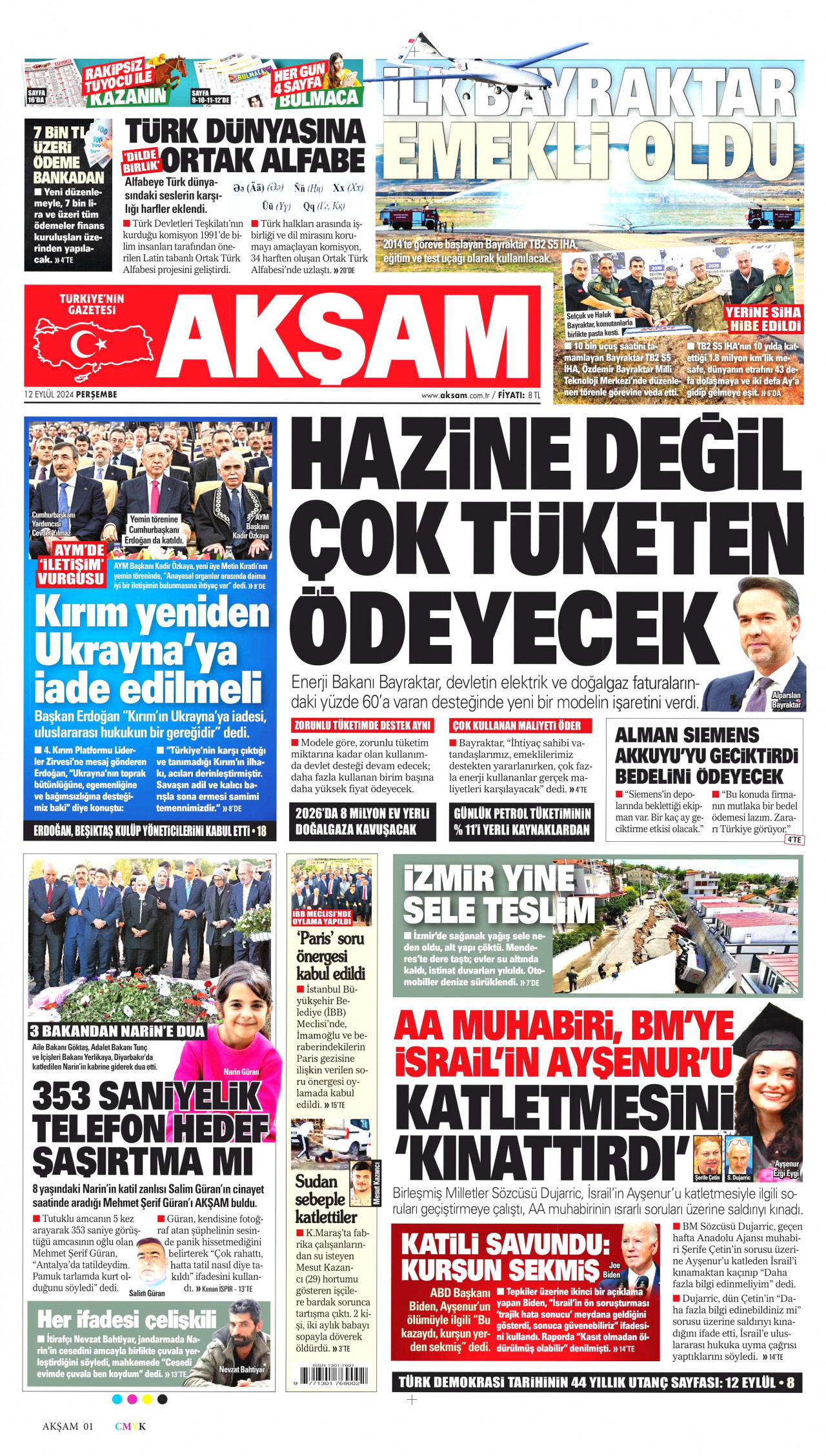 AKŞAM gazetesinin 12 Eylül 2024 tarihli birinci sayfası