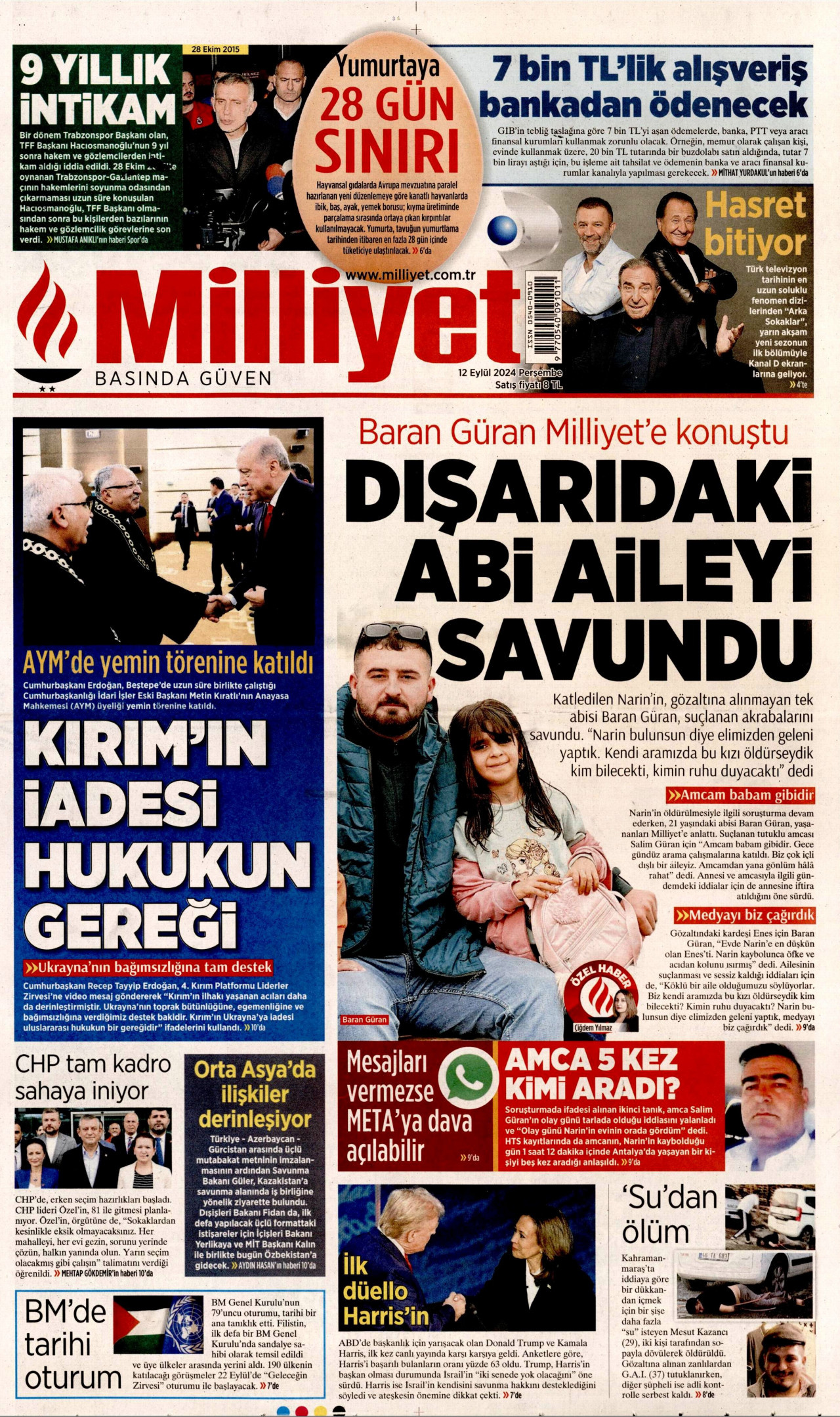 MİLLİYET gazetesinin 12 Eylül 2024 tarihli birinci sayfası