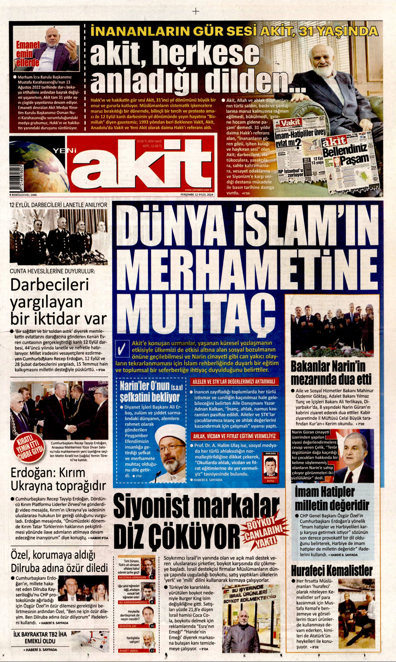 YENİ AKİT gazetesinin 12 Eylül 2024 tarihli birinci sayfası