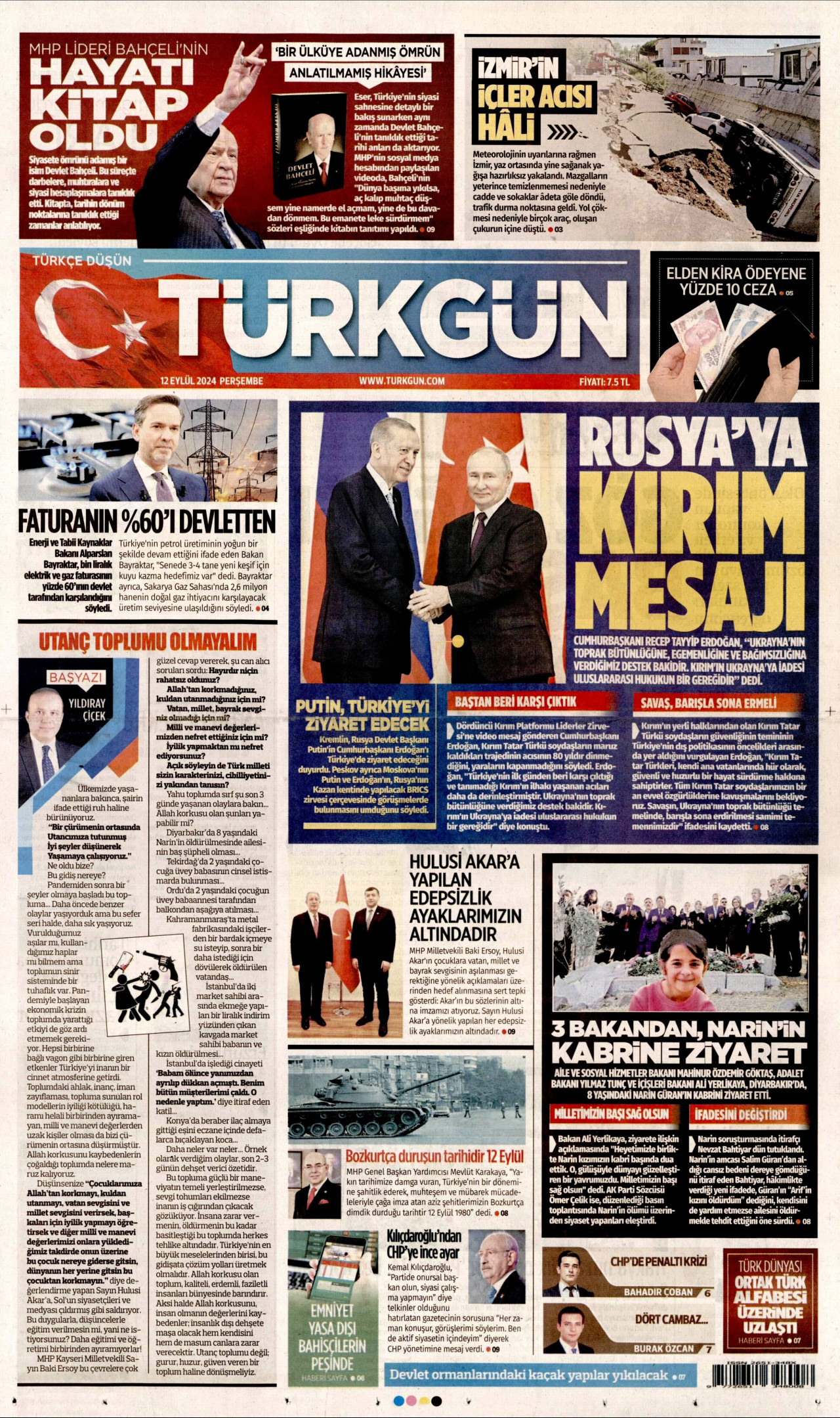 TÜRKGÜN gazetesinin 12 Eylül 2024 tarihli birinci sayfası