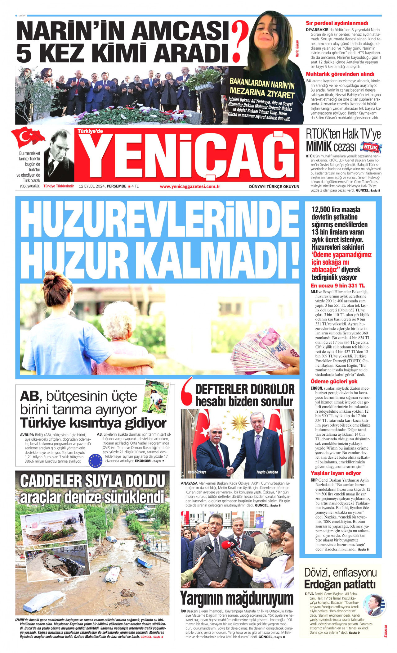 YENİÇAĞ gazetesinin 12 Eylül 2024 tarihli birinci sayfası