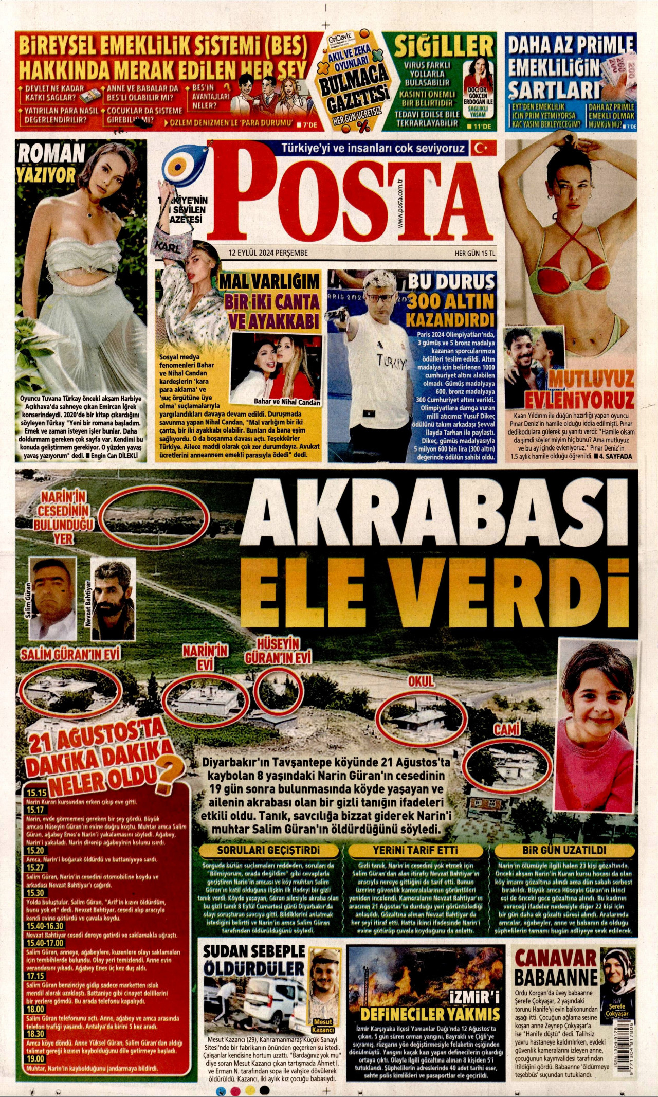 POSTA gazetesinin 12 Eylül 2024 tarihli birinci sayfası