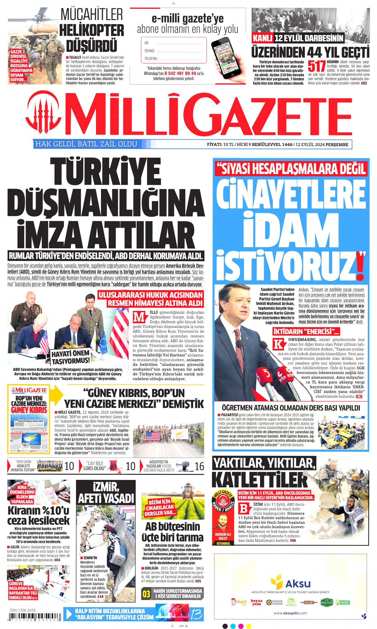 MİLLİ GAZETE gazetesinin 12 Eylül 2024 tarihli birinci sayfası