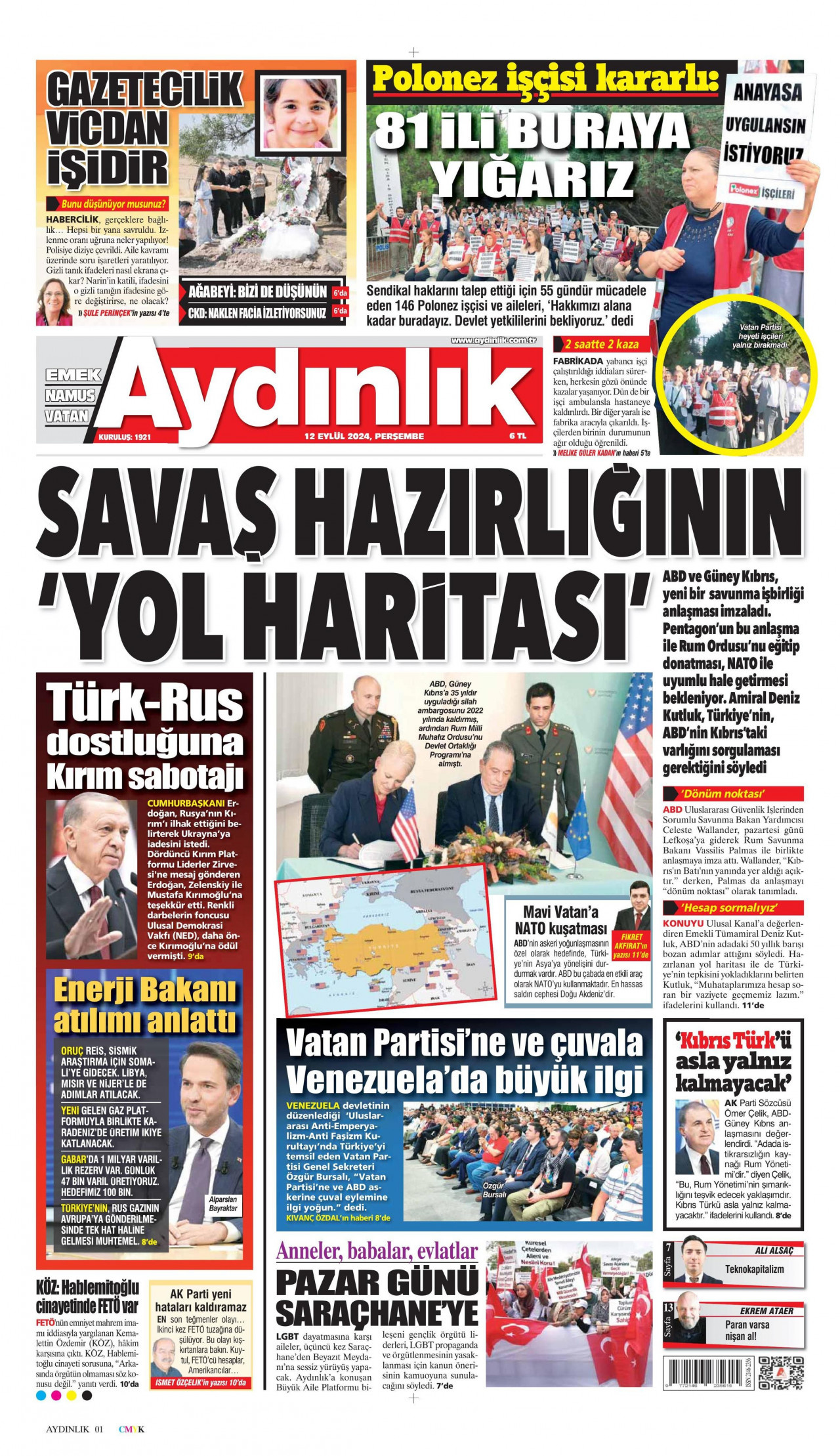 AYDINLIK GAZETESİ gazetesinin 12 Eylül 2024 tarihli birinci sayfası
