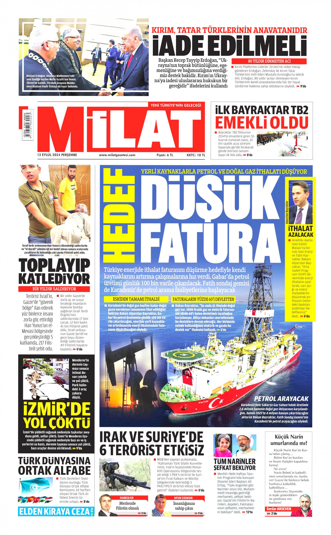 MİLAT gazetesinin 12 Eylül 2024 tarihli birinci sayfası