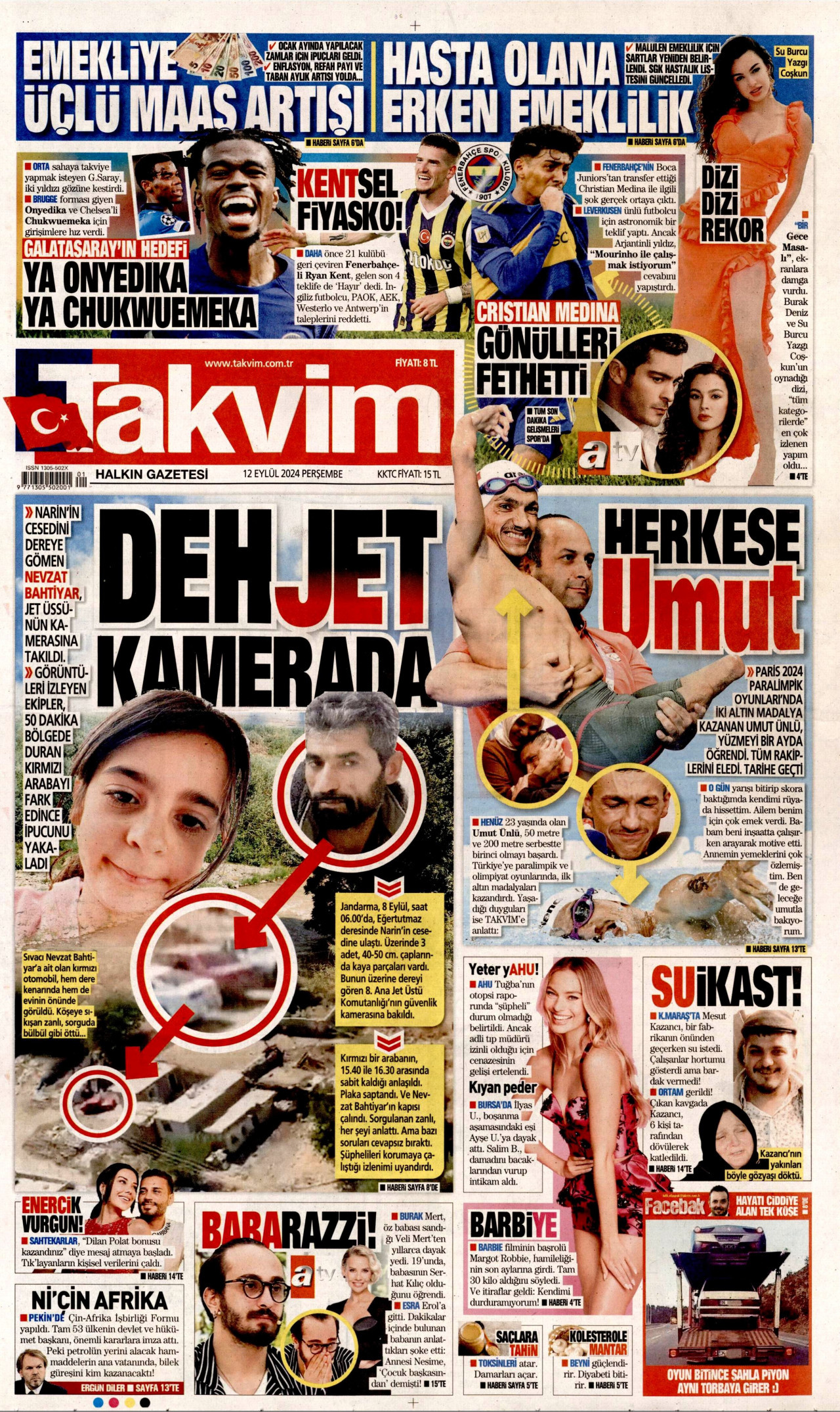TAKVİM gazetesinin 12 Eylül 2024 tarihli birinci sayfası