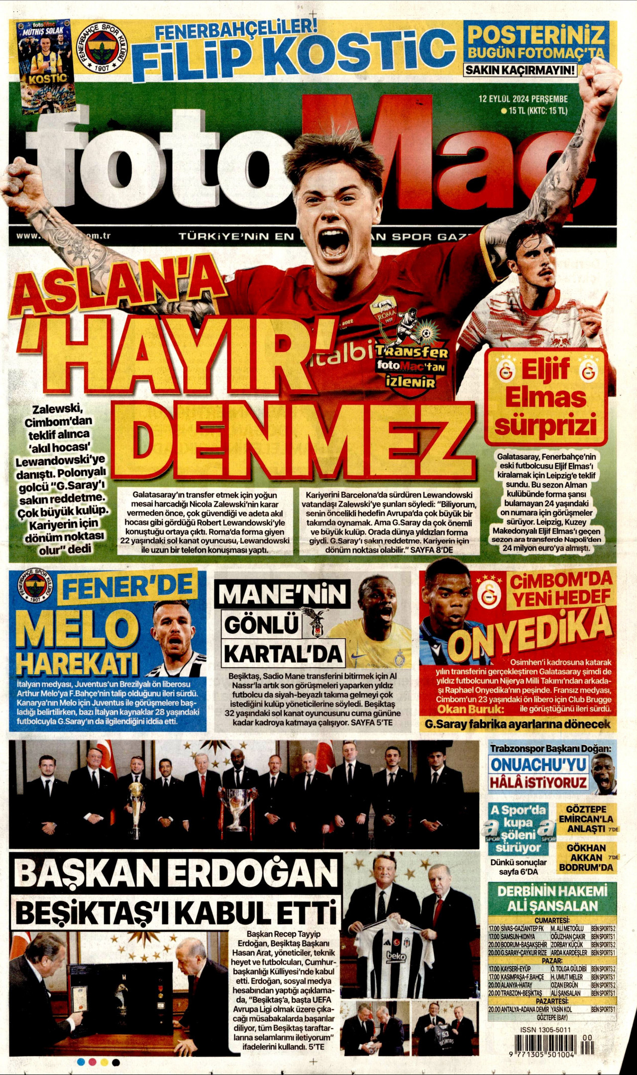 FOTOMAÇ gazetesinin 12 Eylül 2024 tarihli birinci sayfası