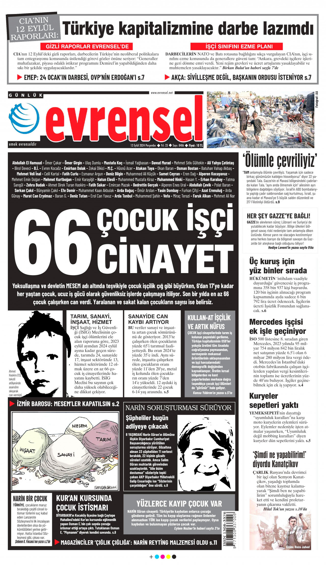 EVRENSEL gazetesinin 12 Eylül 2024 tarihli birinci sayfası