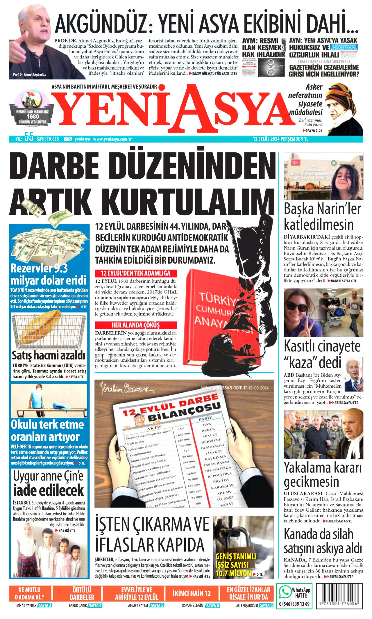 YENİ ASYA gazetesinin 12 Eylül 2024 tarihli birinci sayfası
