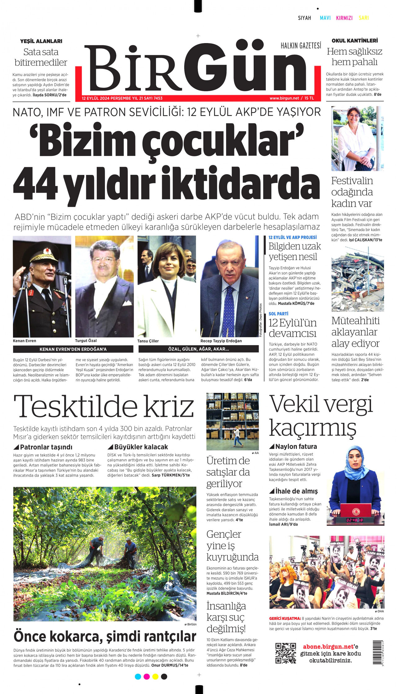 BİRGÜN gazetesinin 12 Eylül 2024 tarihli birinci sayfası