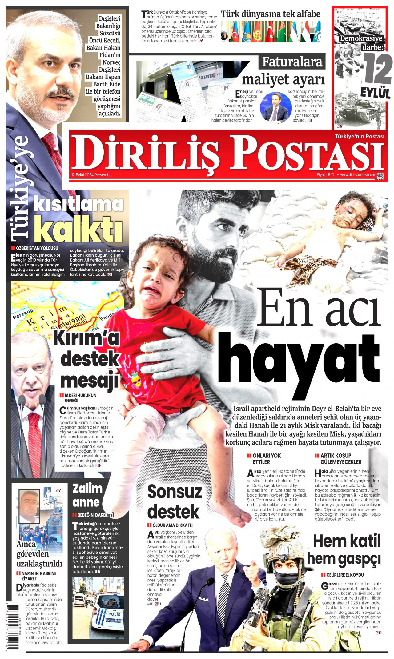 DİRİLİŞ POSTASI gazetesinin 12 Eylül 2024 tarihli birinci sayfası