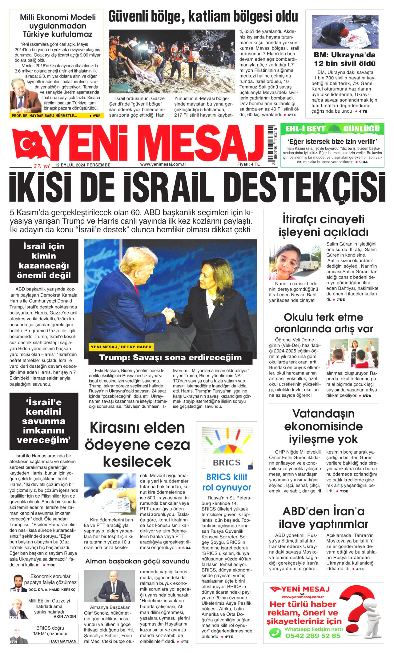 YENİ MESAJ gazetesinin 12 Eylül 2024 tarihli birinci sayfası