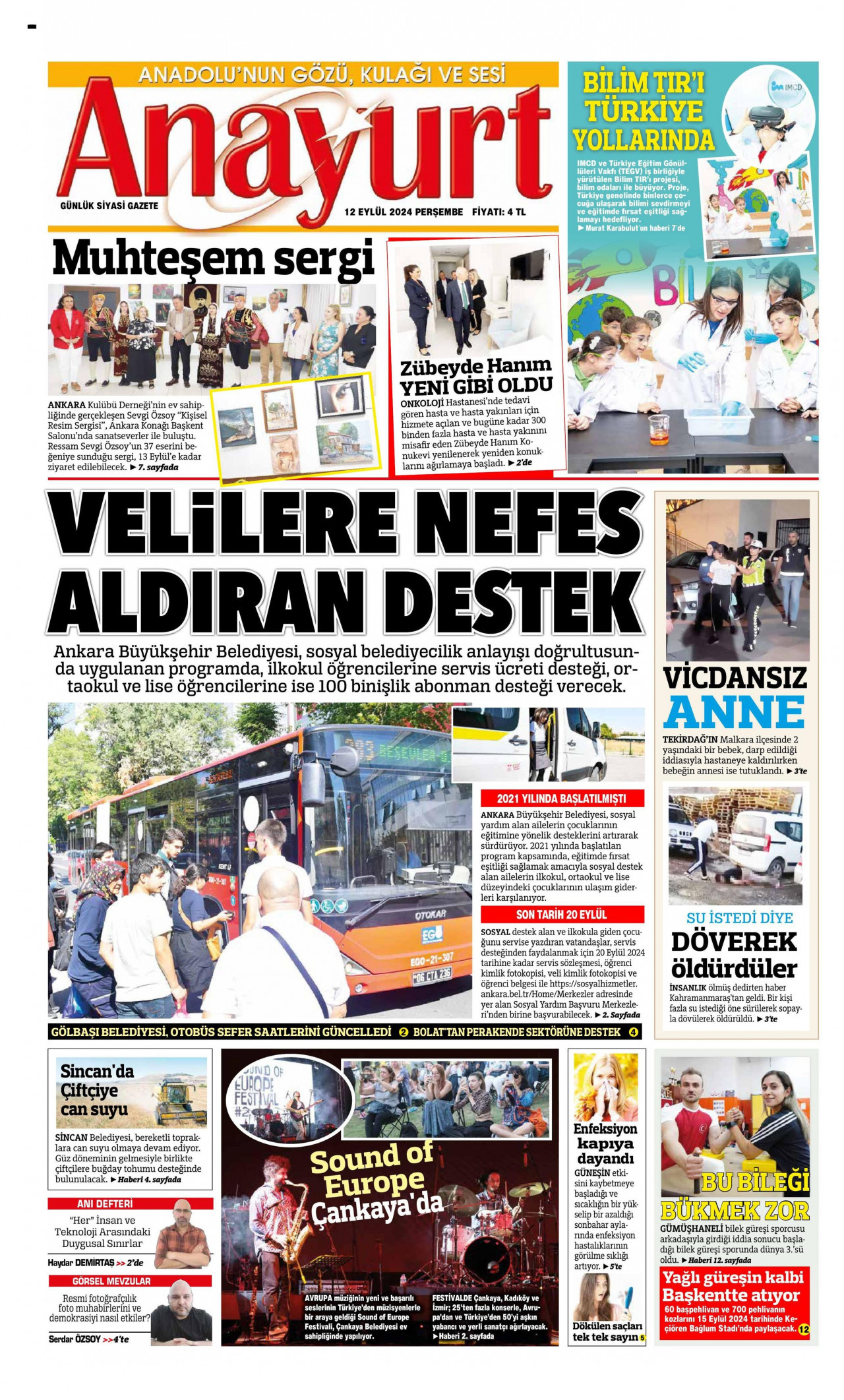 ANAYURT gazetesinin 12 Eylül 2024 tarihli birinci sayfası