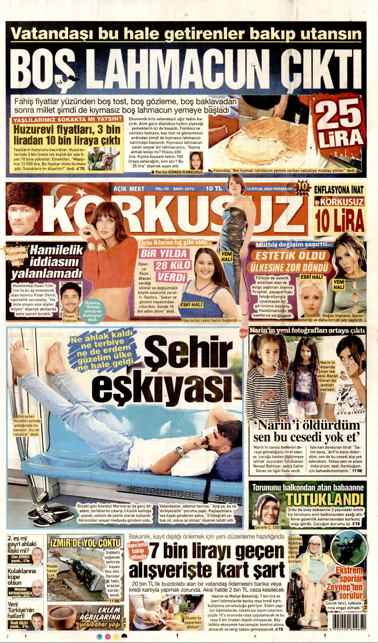 KORKUSUZ gazetesinin 12 Eylül 2024 tarihli birinci sayfası