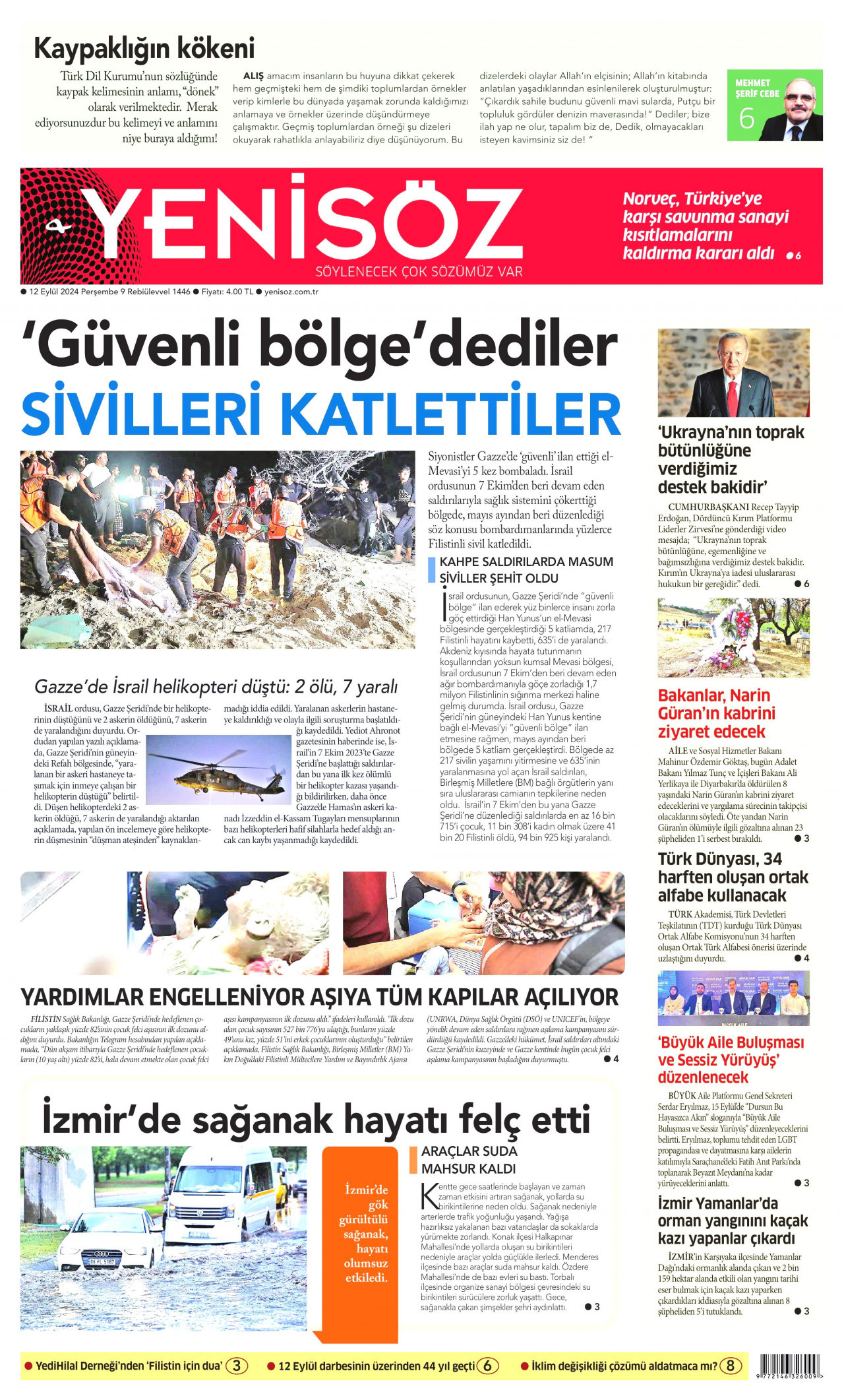 YENİ SÖZ GAZETESİ gazetesinin 12 Eylül 2024 tarihli birinci sayfası
