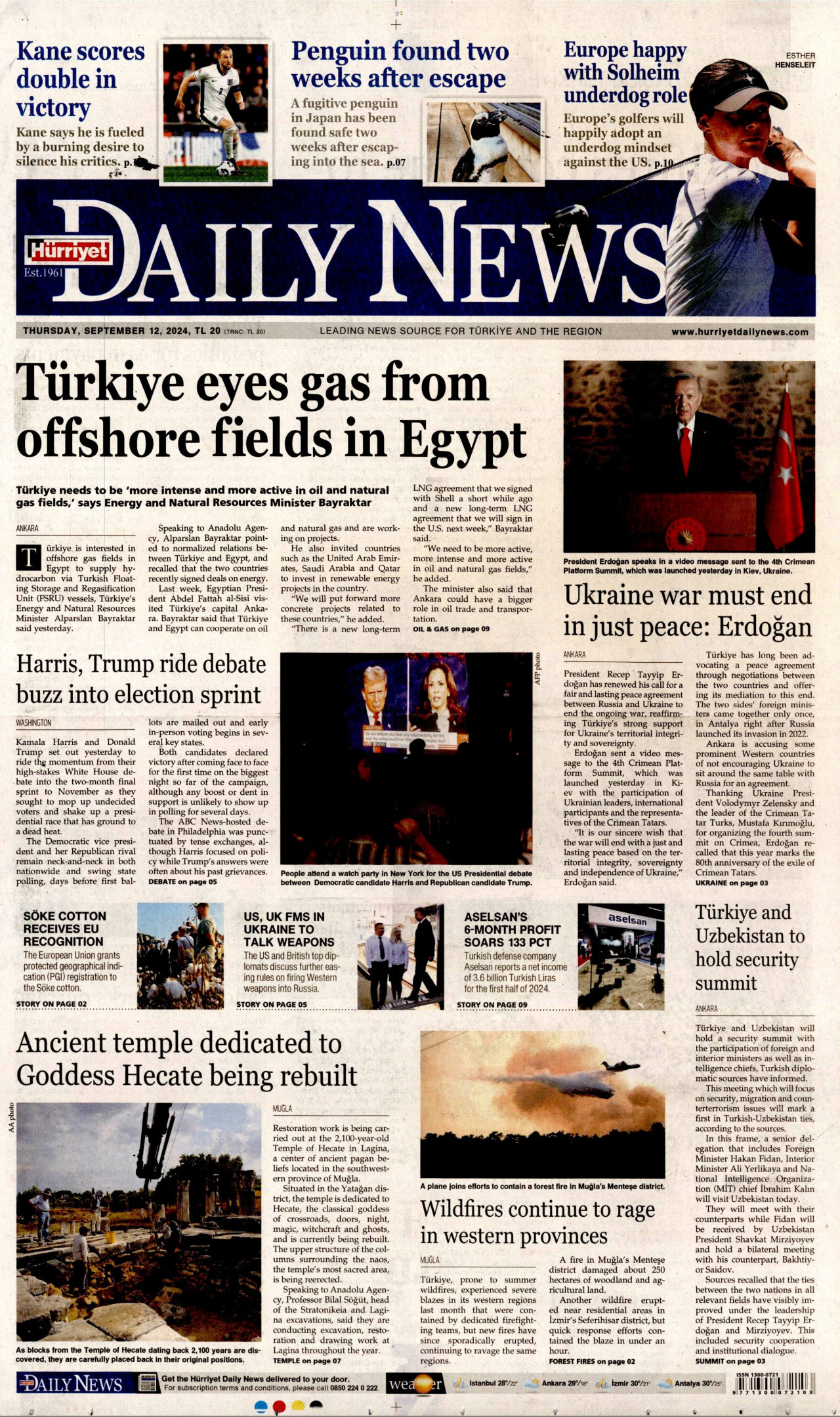 HÜRRİYET DAİLY NEWS gazetesinin 12 Eylül 2024 tarihli birinci sayfası