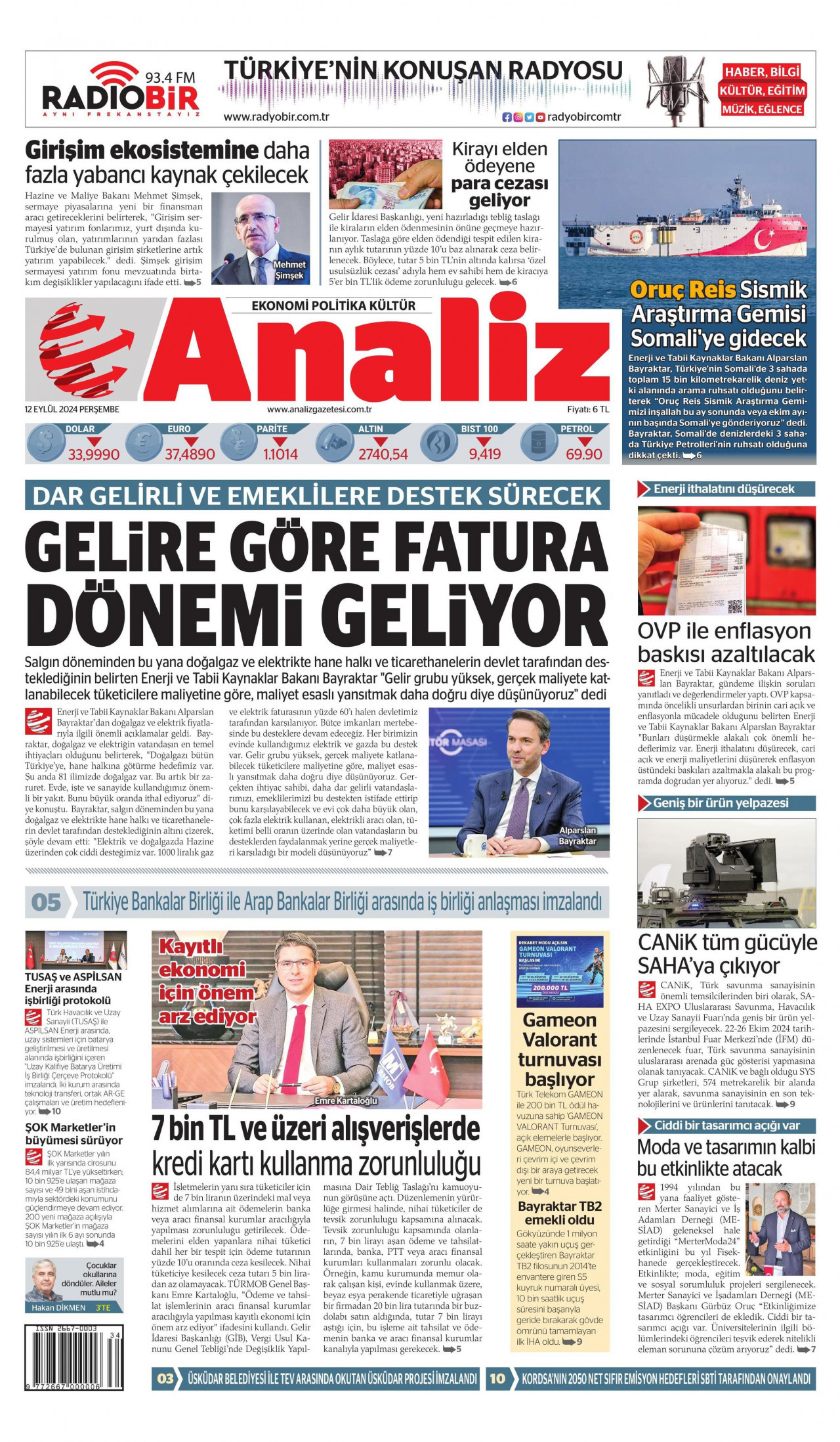 ANALİZ gazetesinin 12 Eylül 2024 tarihli birinci sayfası