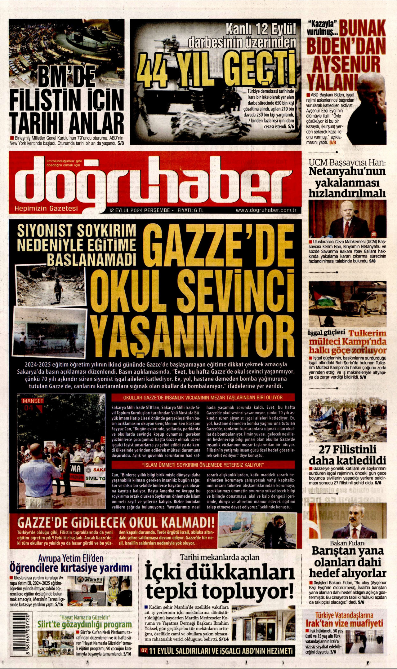 DOĞRU HABER gazetesinin 12 Eylül 2024 tarihli birinci sayfası