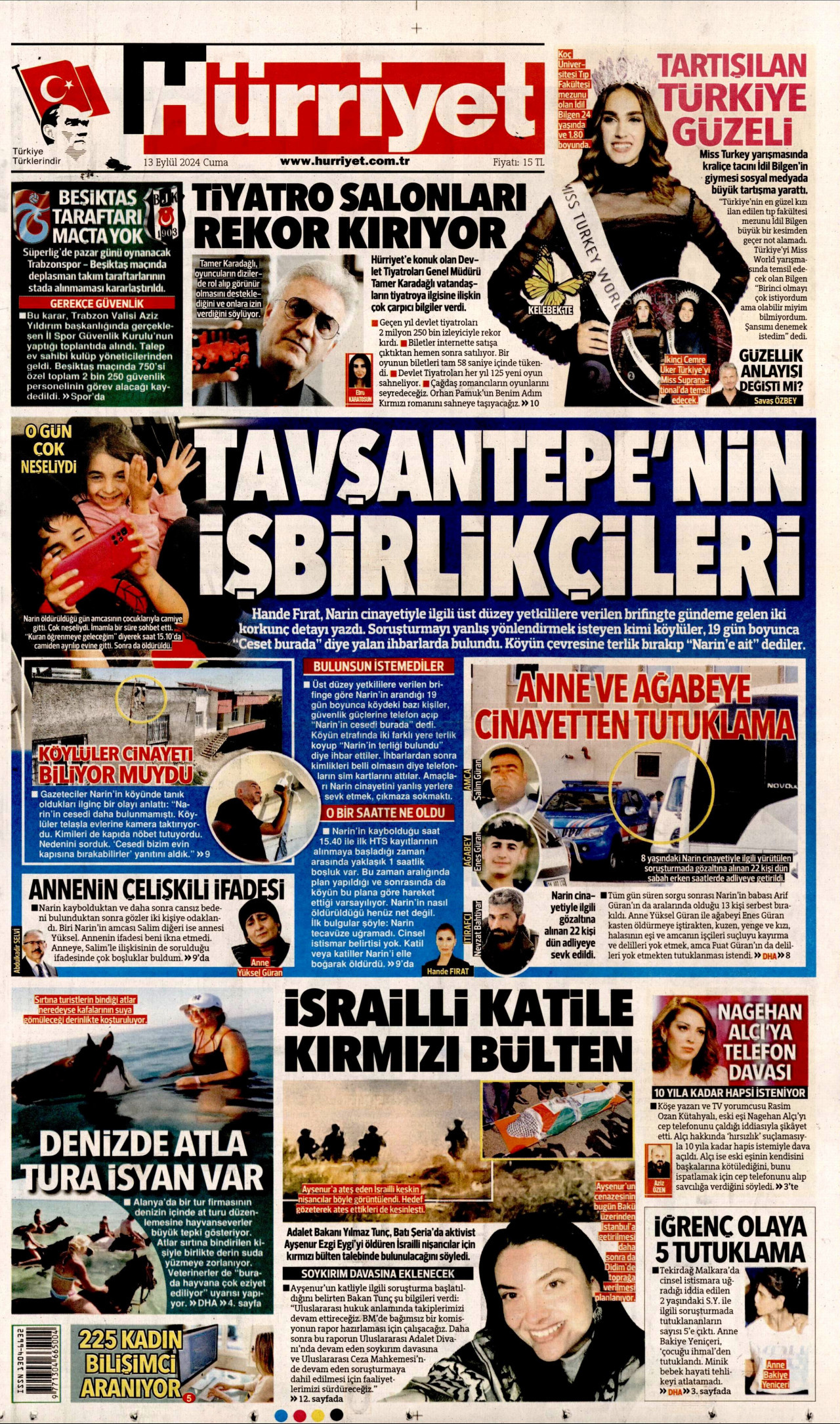 HÜRRİYET gazetesinin 13 Eylül 2024 tarihli birinci sayfası