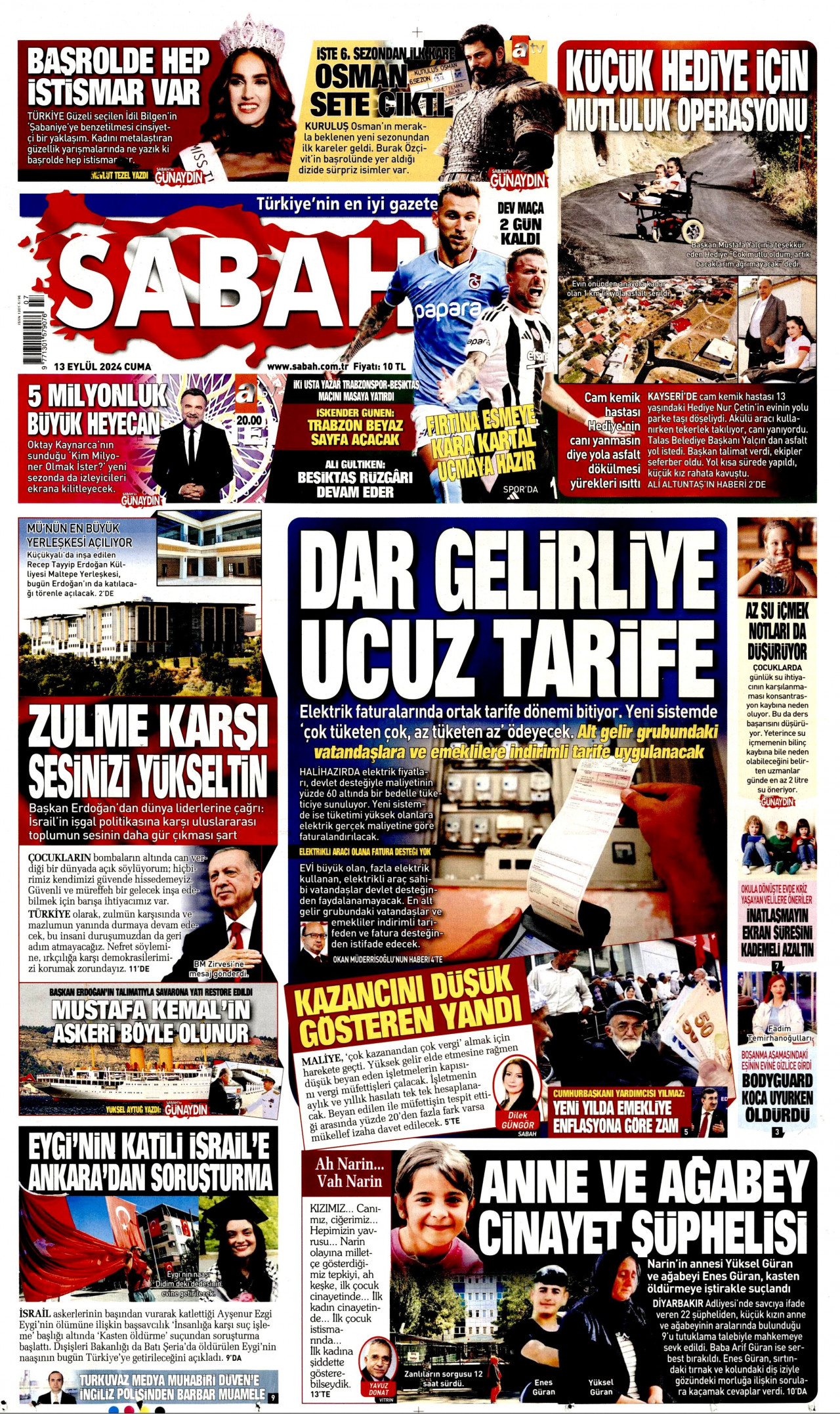 SABAH gazetesinin 13 Eylül 2024 tarihli birinci sayfası