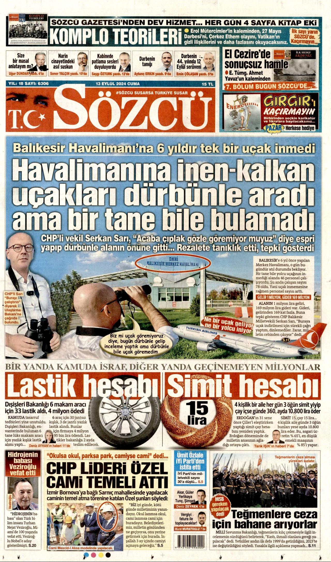 SÖZCÜ gazetesinin 13 Eylül 2024 tarihli birinci sayfası