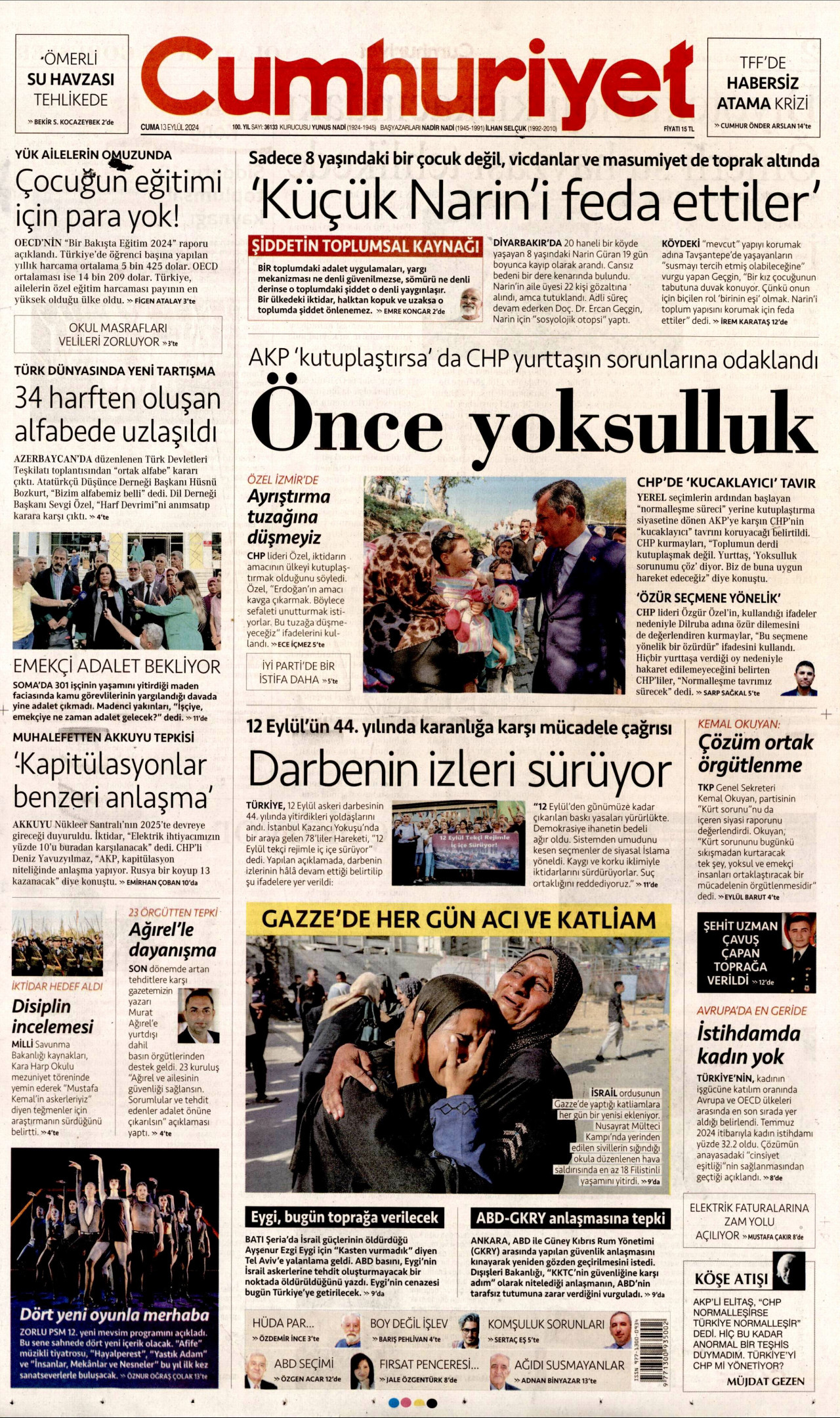CUMHURİYET gazetesinin 13 Eylül 2024 tarihli birinci sayfası
