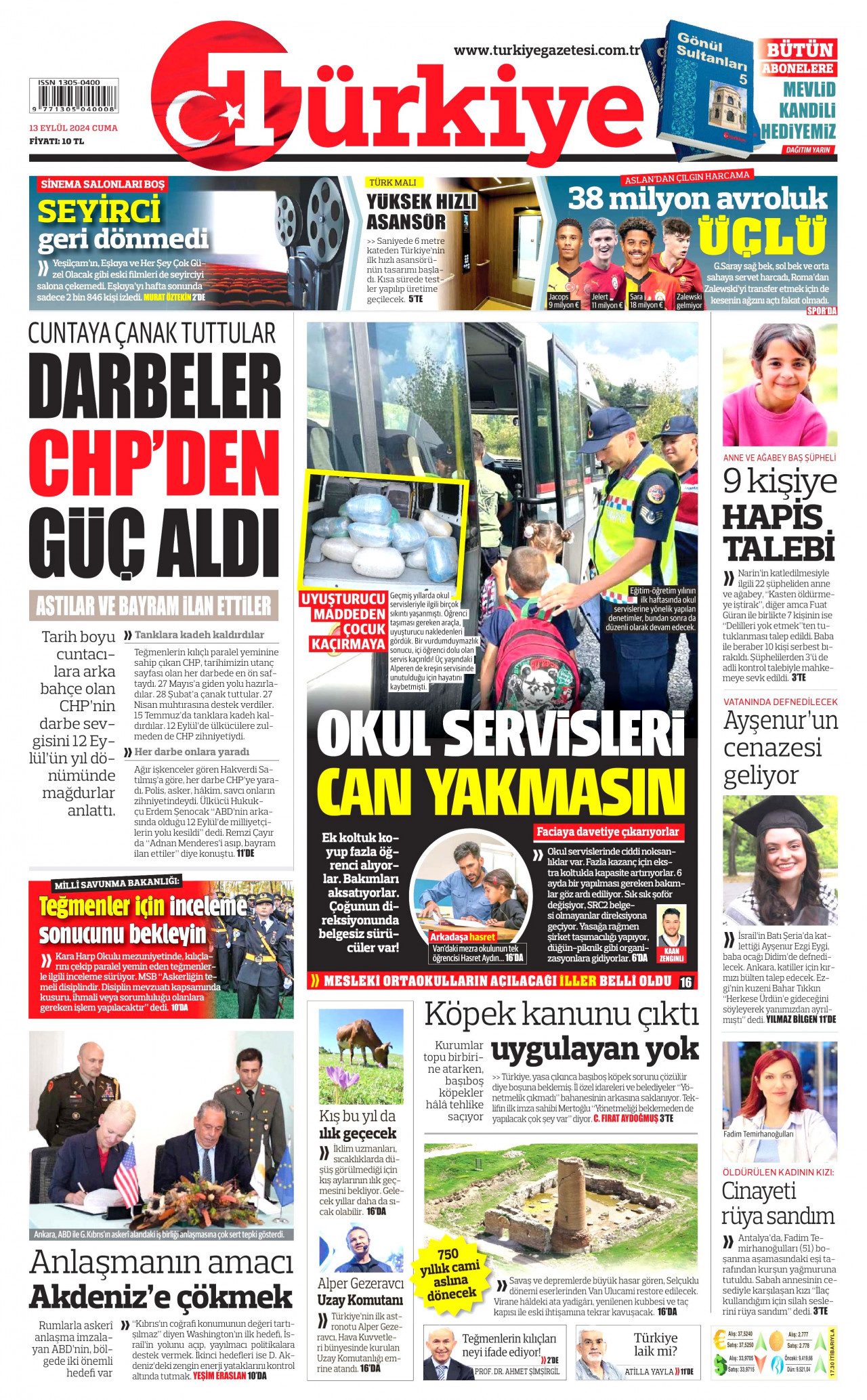 TÜRKİYE GAZETESİ gazetesinin 13 Eylül 2024 tarihli birinci sayfası
