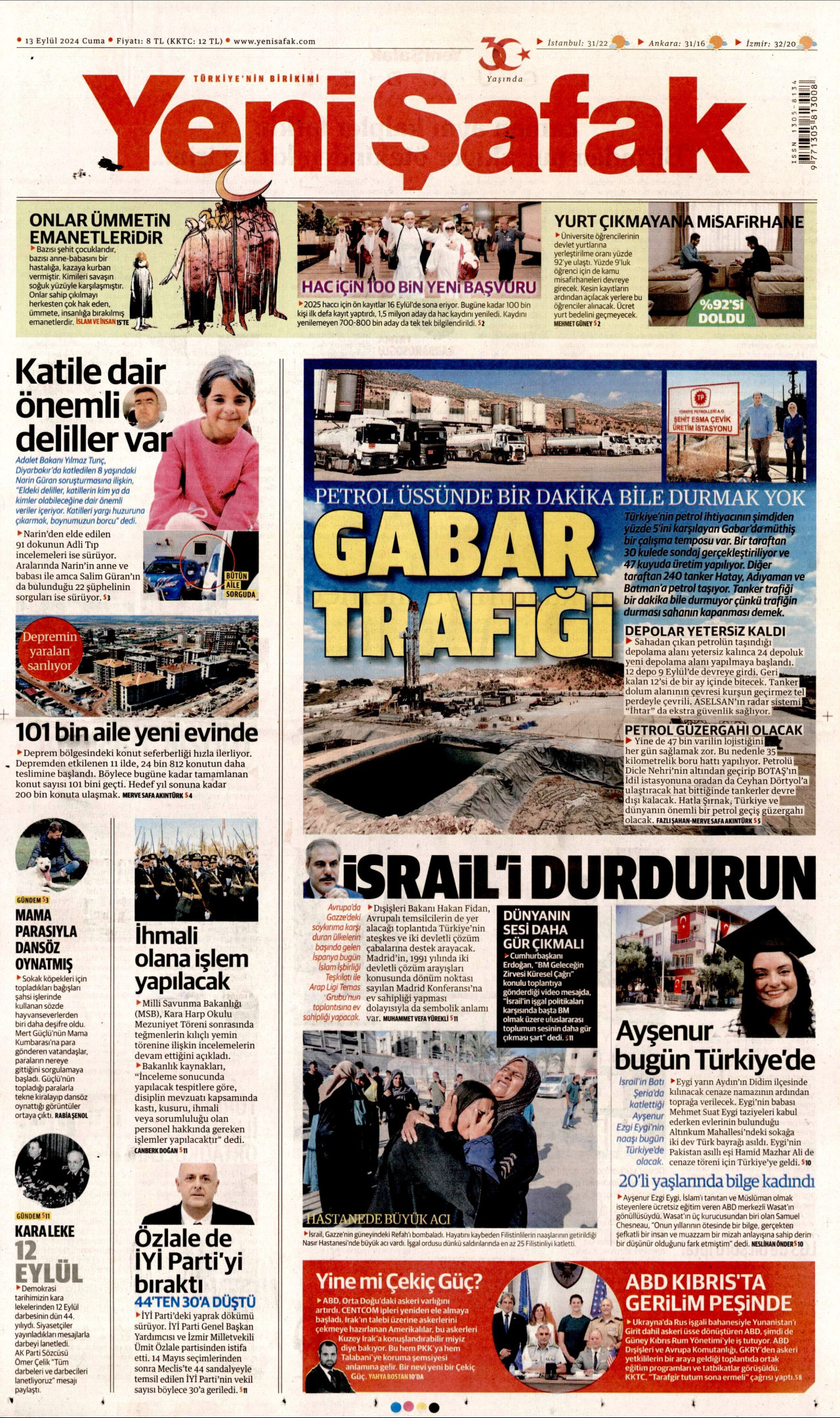 YENİ ŞAFAK gazetesinin 13 Eylül 2024 tarihli birinci sayfası