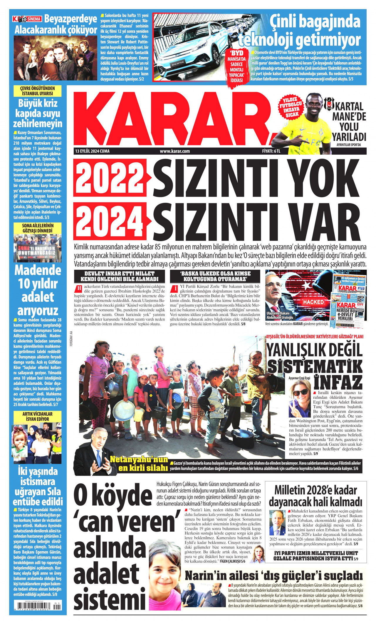 KARAR gazetesinin 13 Eylül 2024 tarihli birinci sayfası