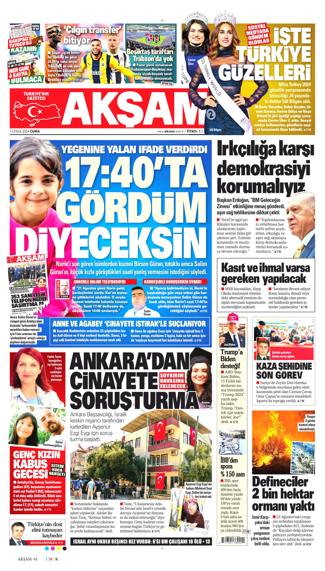 AKŞAM gazetesinin 13 Eylül 2024 tarihli birinci sayfası