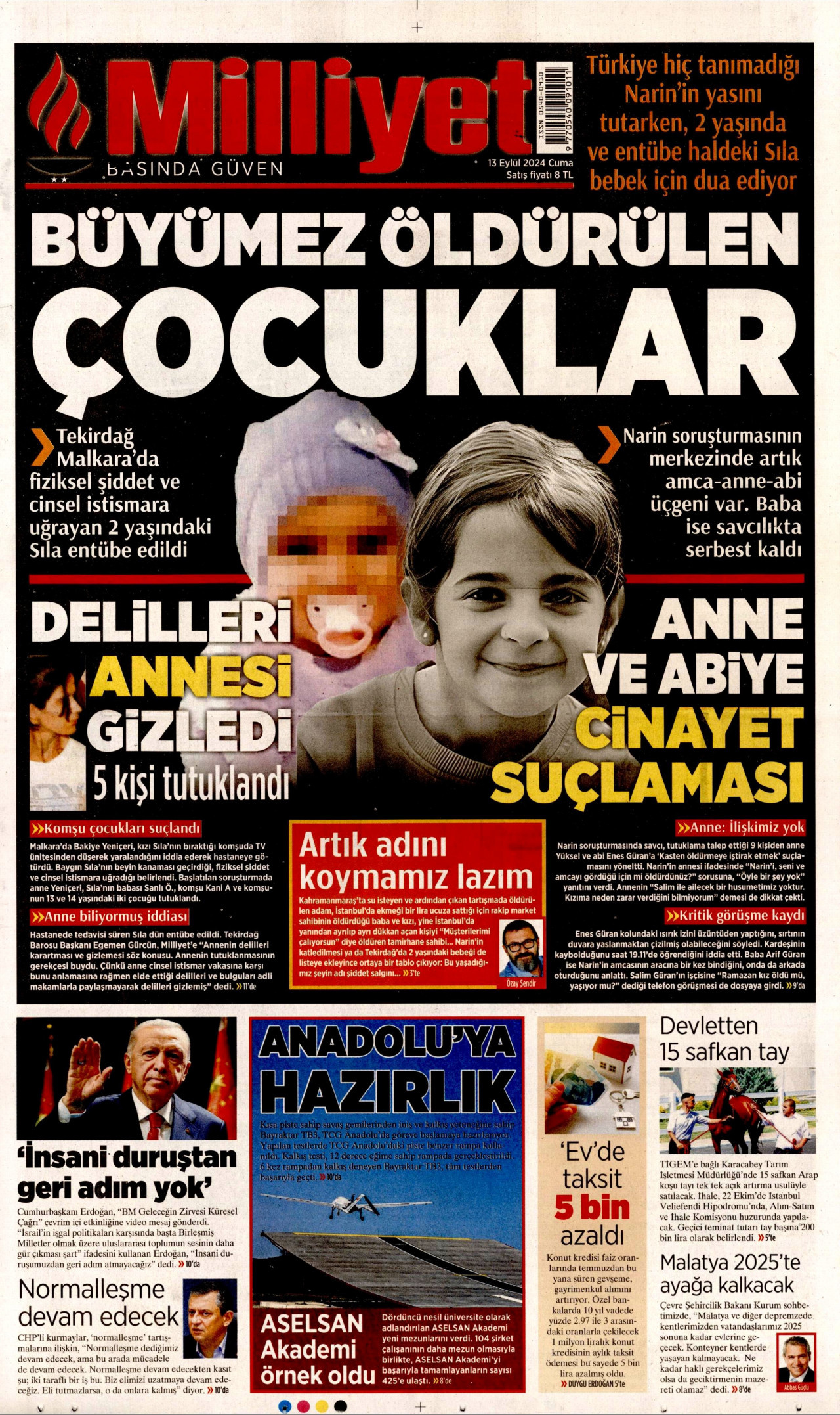 MİLLİYET gazetesinin 13 Eylül 2024 tarihli birinci sayfası