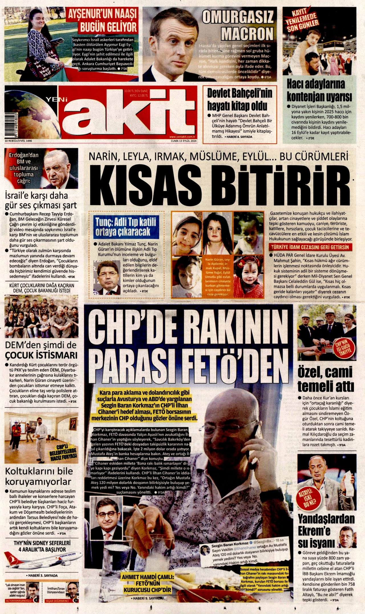 YENİ AKİT gazetesinin 13 Eylül 2024 tarihli birinci sayfası