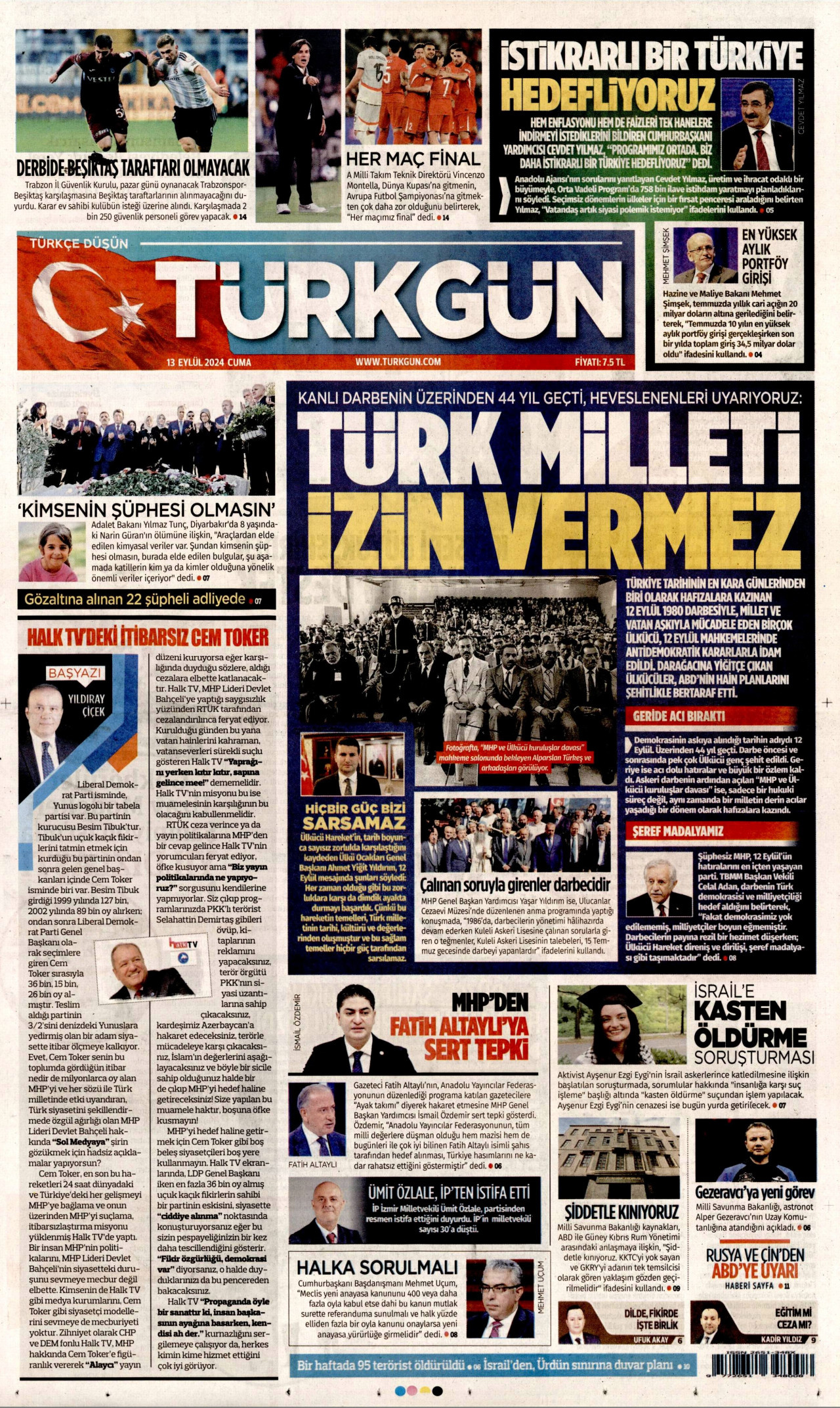 TÜRKGÜN gazetesinin 13 Eylül 2024 tarihli birinci sayfası