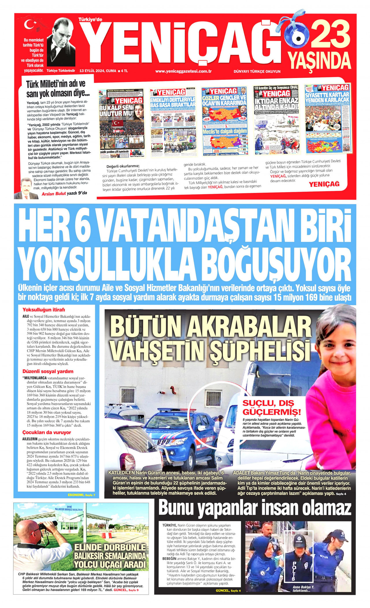 YENİÇAĞ gazetesinin 13 Eylül 2024 tarihli birinci sayfası